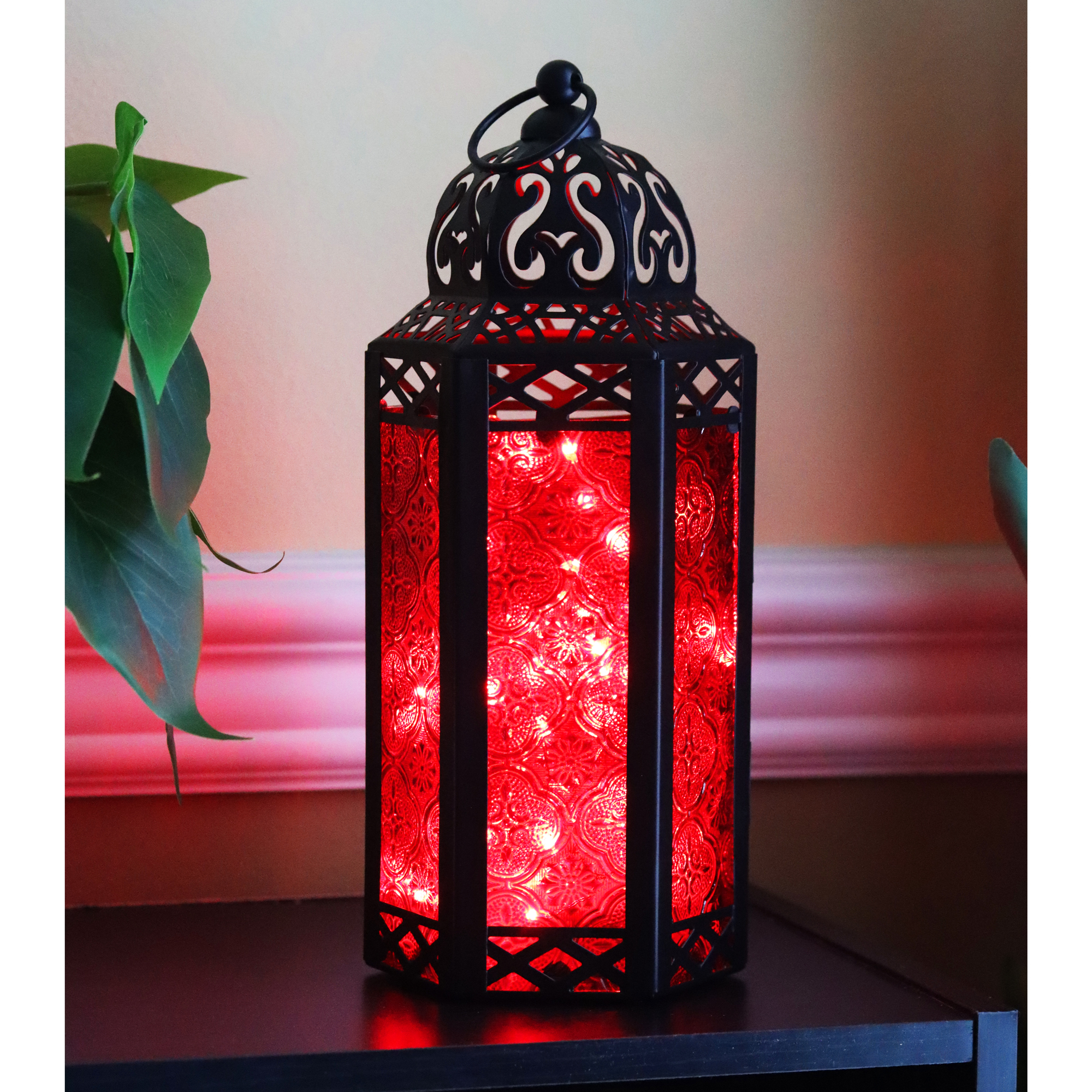 thumbnail video image 2 of Moroccan Metal Candle Lantern Holder with LED Fairy String Lights, Medium, Red, 2 of 14