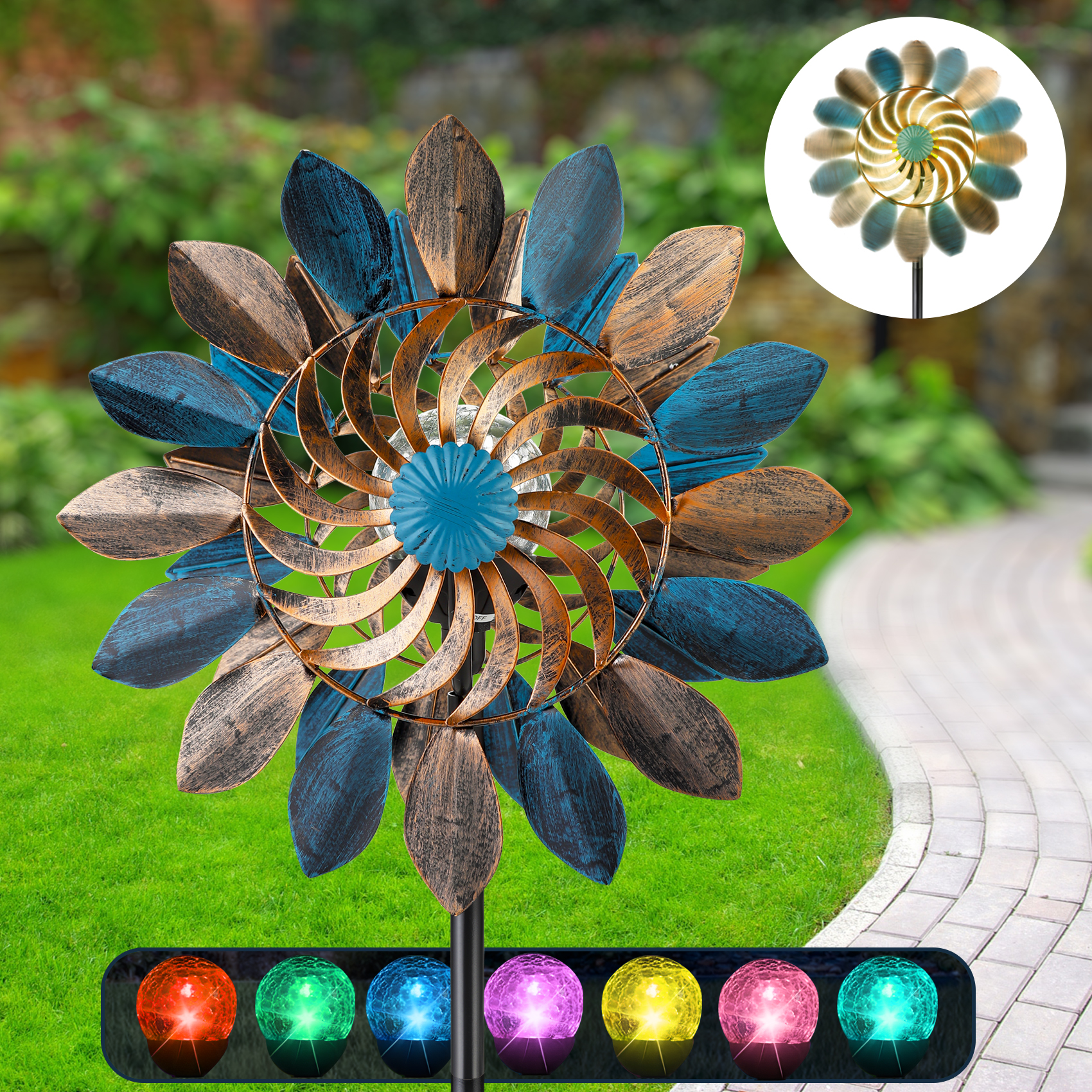 thumbnail video image 2 of Wind Spinners Outdoor, 75” Metal Wind Sculptures & Spinners Garden Kinetic Art with Solar Powered Multi-Color Glass Ball Light for Yard Garden（Leaves Style）, 2 of 8
