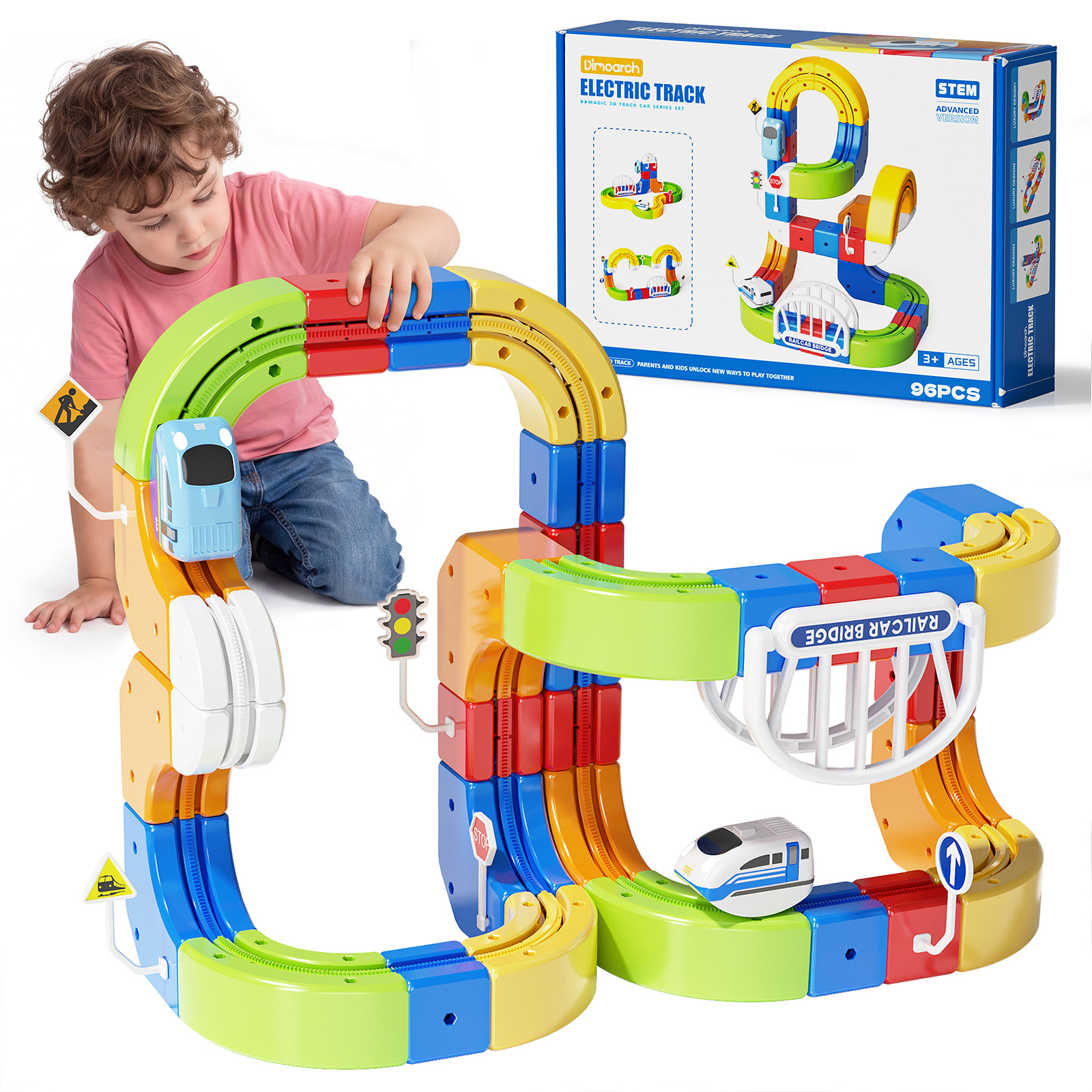 thumbnail video image 2 of Dimoarch Electric Train Set for Kids 3 4 5 6 7 8 Year Old, 3D Magic Track Building Toy, 96PCS STEM Learning Toy, Christmas Birthday Gift for Boy Girl, 2 of 9