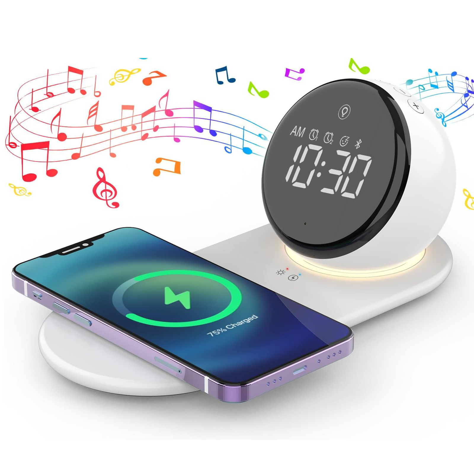 thumbnail video image 2 of Samovi Digital Alarm Clock for Heavy Sleepers, Bluetooth Speaker with 15W Wireless Charger, 20 White Noise Sounds, 3 Level Dimmable Touch Table Lamp for Bedroom Desk Teens Girls Boys (White), 2 of 9