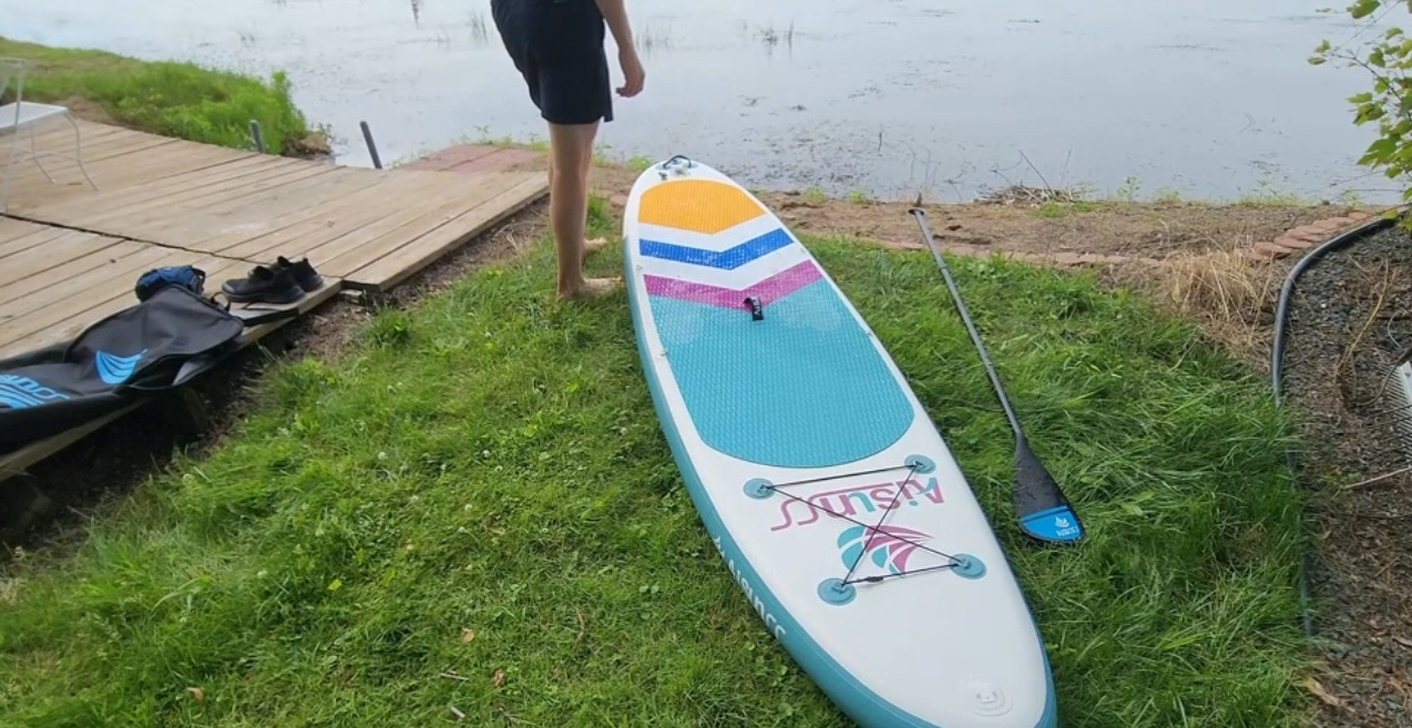 thumbnail video image 2 of AISUNSS 10.6ft Inflatable Stand up Paddle Board Non-Slip Deck Full Accessories for Yoga Surfing Fishing, 2 of 10
