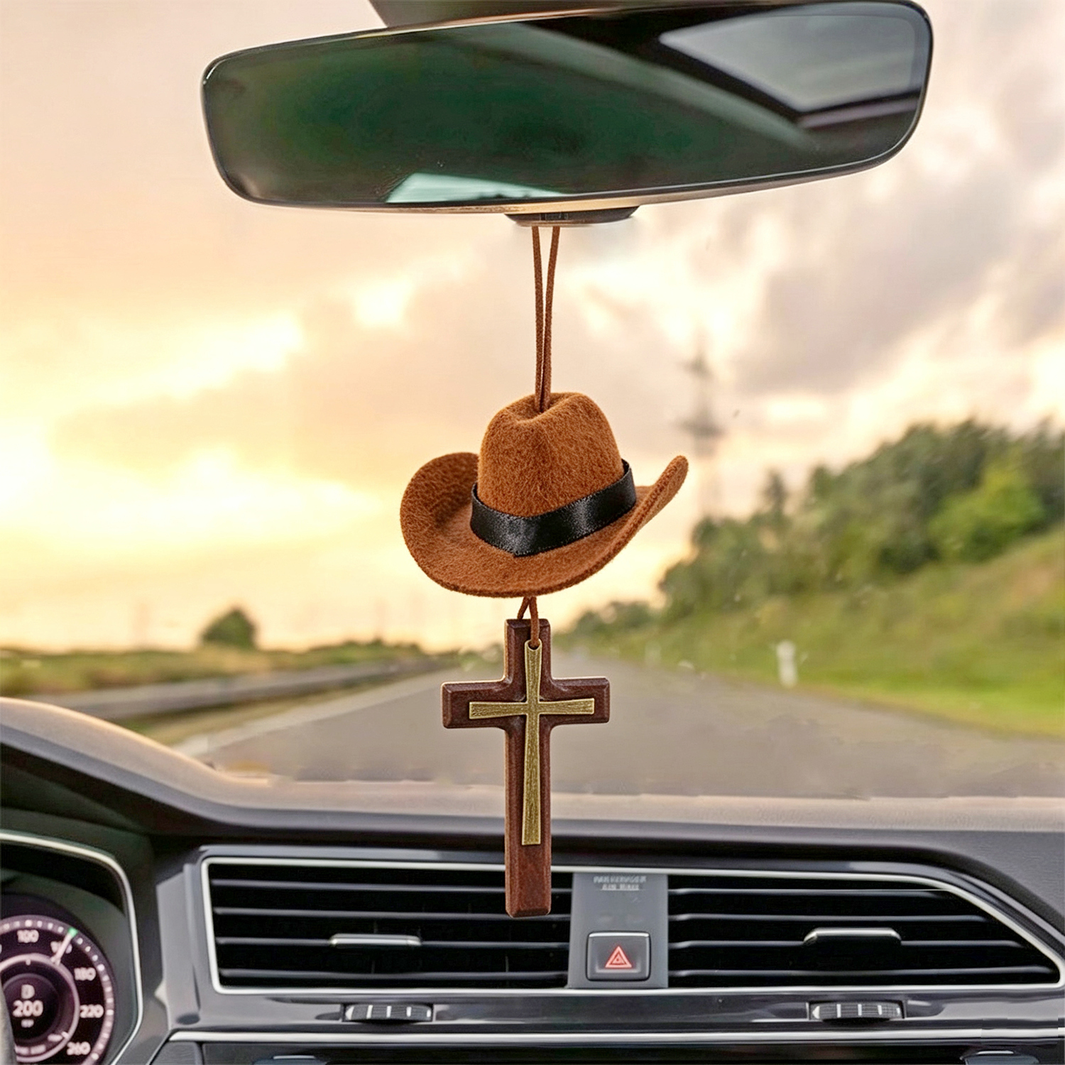thumbnail video image 2 of Generic Car Pendant Black Wooden Crucifix Cross with Black Cowboy Hat, Rearview Mirror Interior Decorative Accessories, 2 of 6