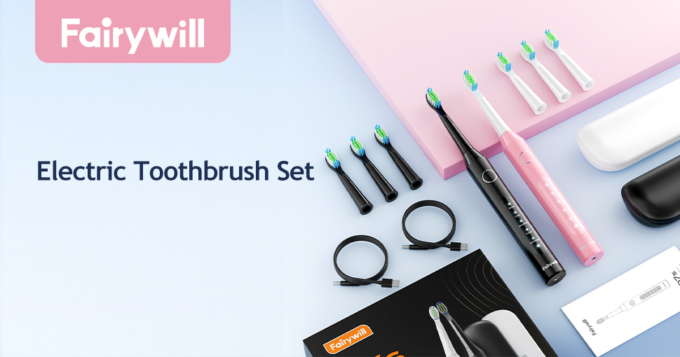 thumbnail video image 3 of Fairywill D7s Electric Toothbrush for Adults,Dual Pack with Travel Case 60 Day Battery Sonic Toothbrush,47,000 VPM 5 Modes IPX7 Waterproof 8 Brush Heads for Couples Family,Black & Pink, 3 of 11