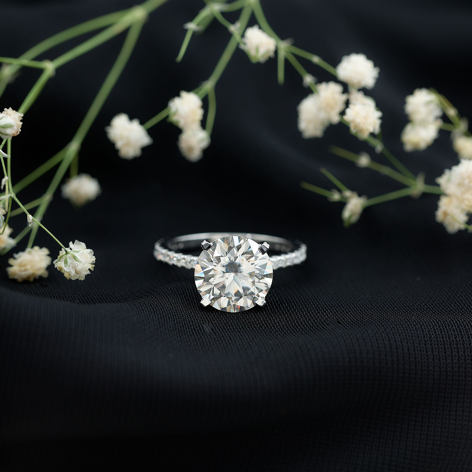 thumbnail video image 2 of Rosec Jewels Moissanite Round Engagement Ring 4 Carat - 10 mm Moissanite Solitaire Ring - D-VS1 Grade Certified, 925 Sterling Silver, US 4.00, 2 of 9