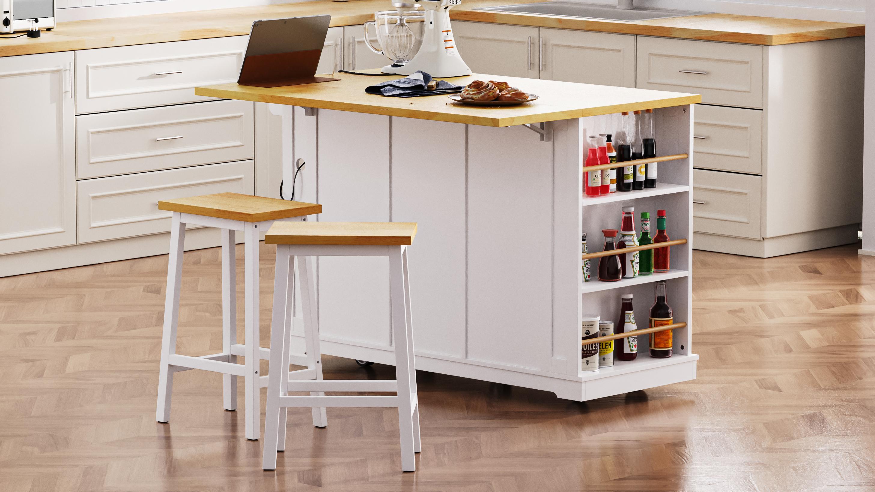 thumbnail video image 2 of Kitchen Island with Storage, Moveable Kitchen Island with Power Outlet and Drop Leaf, Portable Kitchen Carts with Drawers and Shelves for Dinning Room, 2 of 8