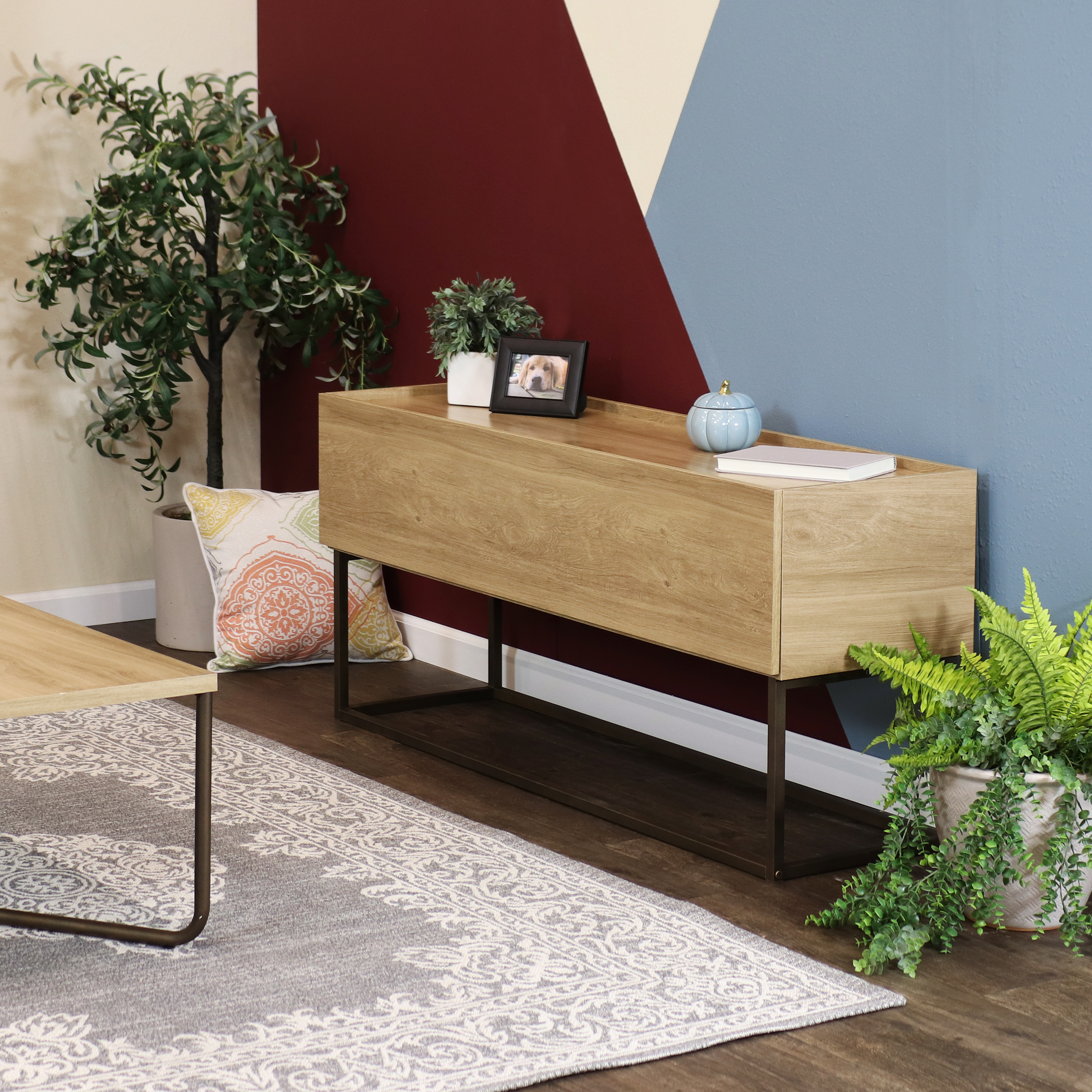 thumbnail video image 2 of Sunnydaze Industrial Pull-Down Front Panel MDP Console Table, Brown, 2 of 11