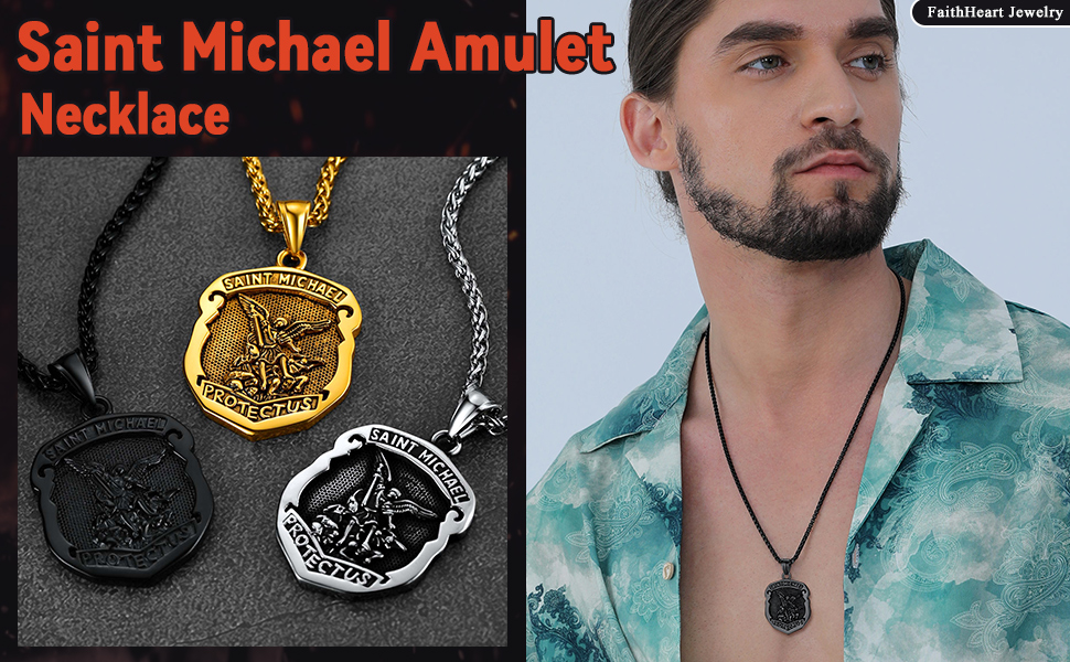 thumbnail video image 2 of FaithHeart St Michael Archangel Necklace for Men Stainless Steel Black Catholic Protection Shield Amulet Medal Pendant Jewelry Gift for Boyfriend Husband Valentine's Day, 2 of 9