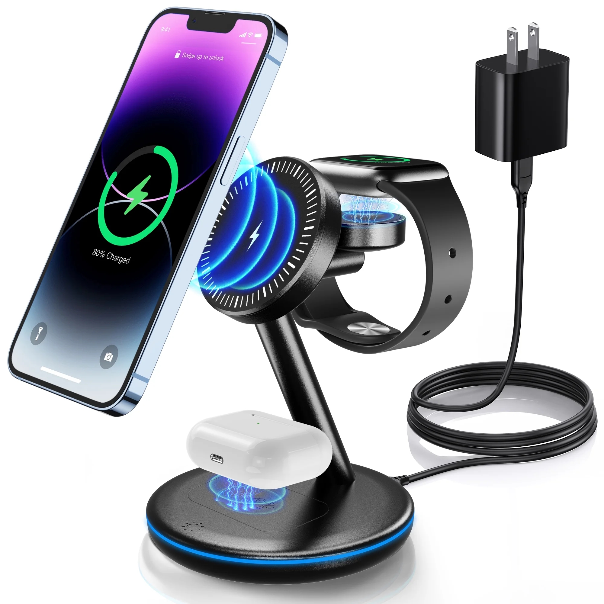 thumbnail video image 2 of XEITIN 18W MagSafe Wireless Charger Docking Station for iPhone 15/14/13/12 AirPods iWatch Ultra/8/7/SE/6/5/4/3/2 Wireless Charger Station Black, 2 of 7
