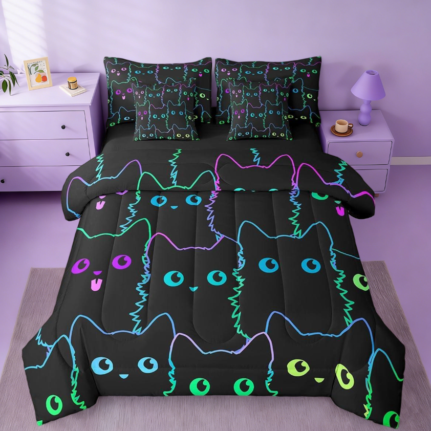 thumbnail video image 2 of Manfei Cute Cat 7 Pieces Bedding Comforter Set,Cute Kitten Animal Colorful Full Bedding Set For Kawaii Cat Lover Reversible, 2 of 8