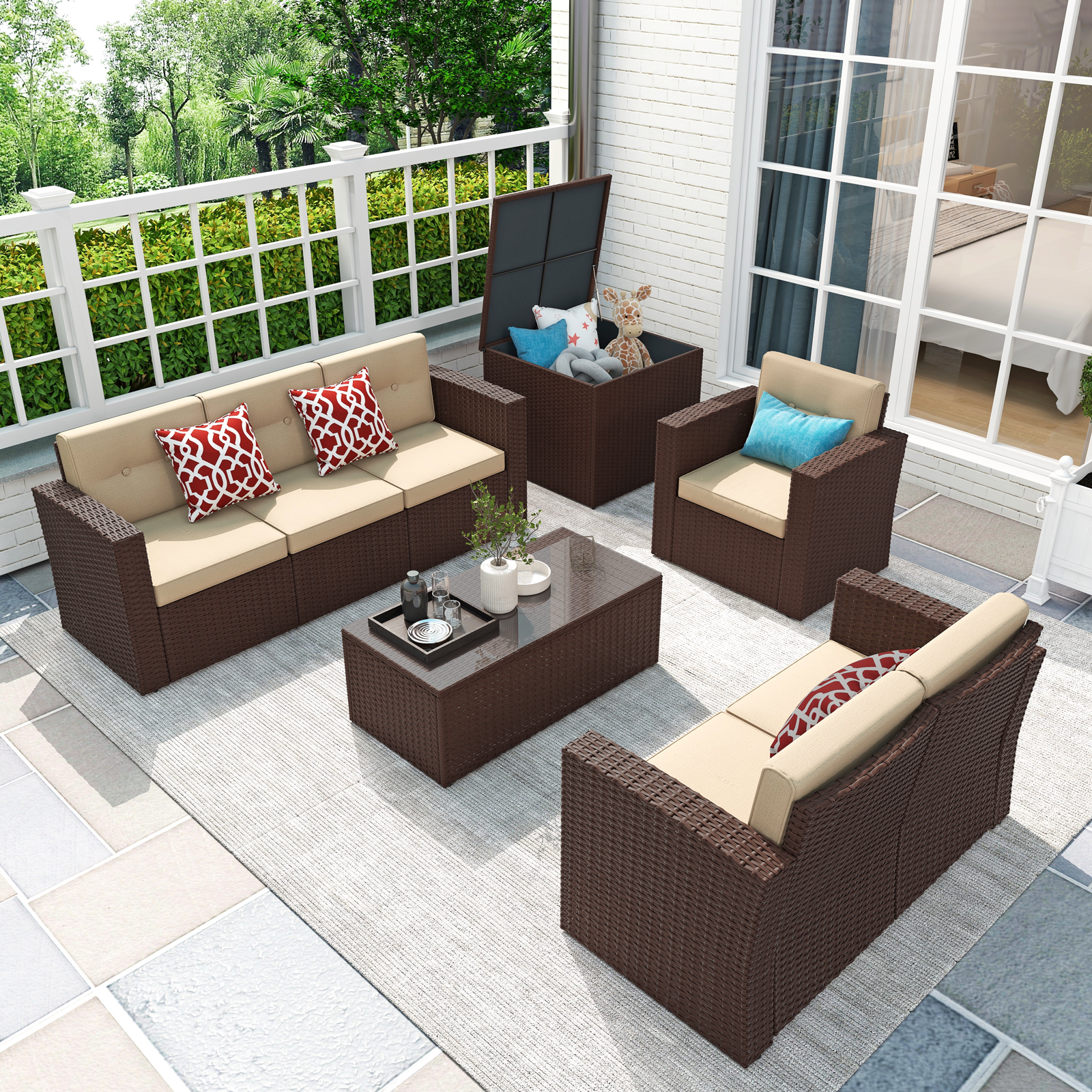 thumbnail video image 2 of JOIVI 8 Pc Outdoor Furniture Set with Storage Box, Wicker Rattan Patio Conversation Set with Sectional Sofa Couch for 6 People, Espresso Brown, 2 of 12