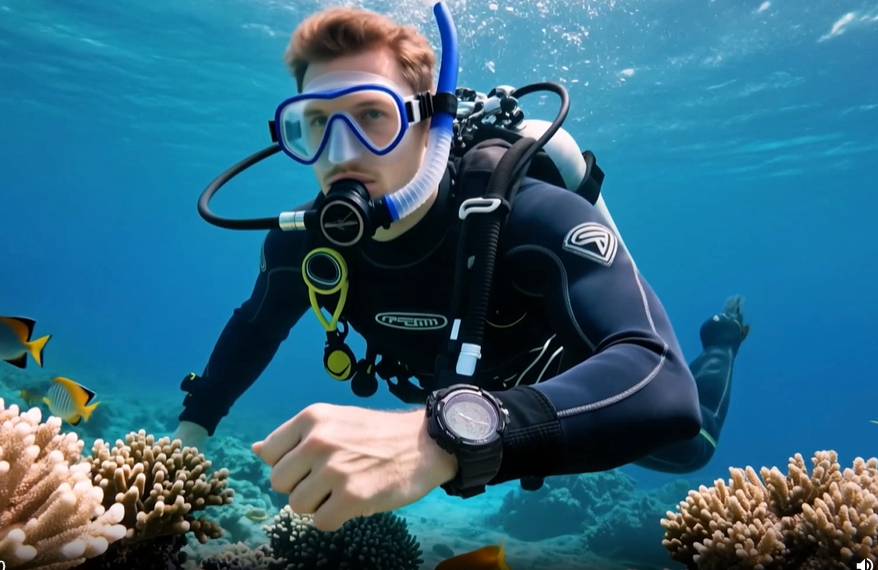 thumbnail video image 2 of Swimming Diving Watch 10 ATM Waterproof for Men Boys with Chronograph, Alarm, Calendar, Timer and Dual Time Zone Display, 12/24 Hour Format, 2 of 10