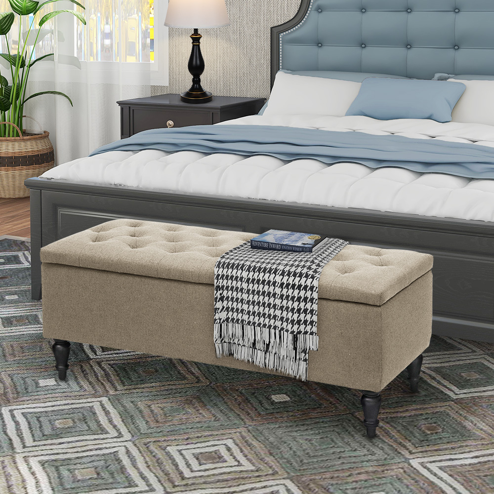 thumbnail video image 2 of ABBLE W 45 in. x H 17.3 in. Gray Fabric Upholstered Storage Bench with Button-Tufted Seat, 2 of 7