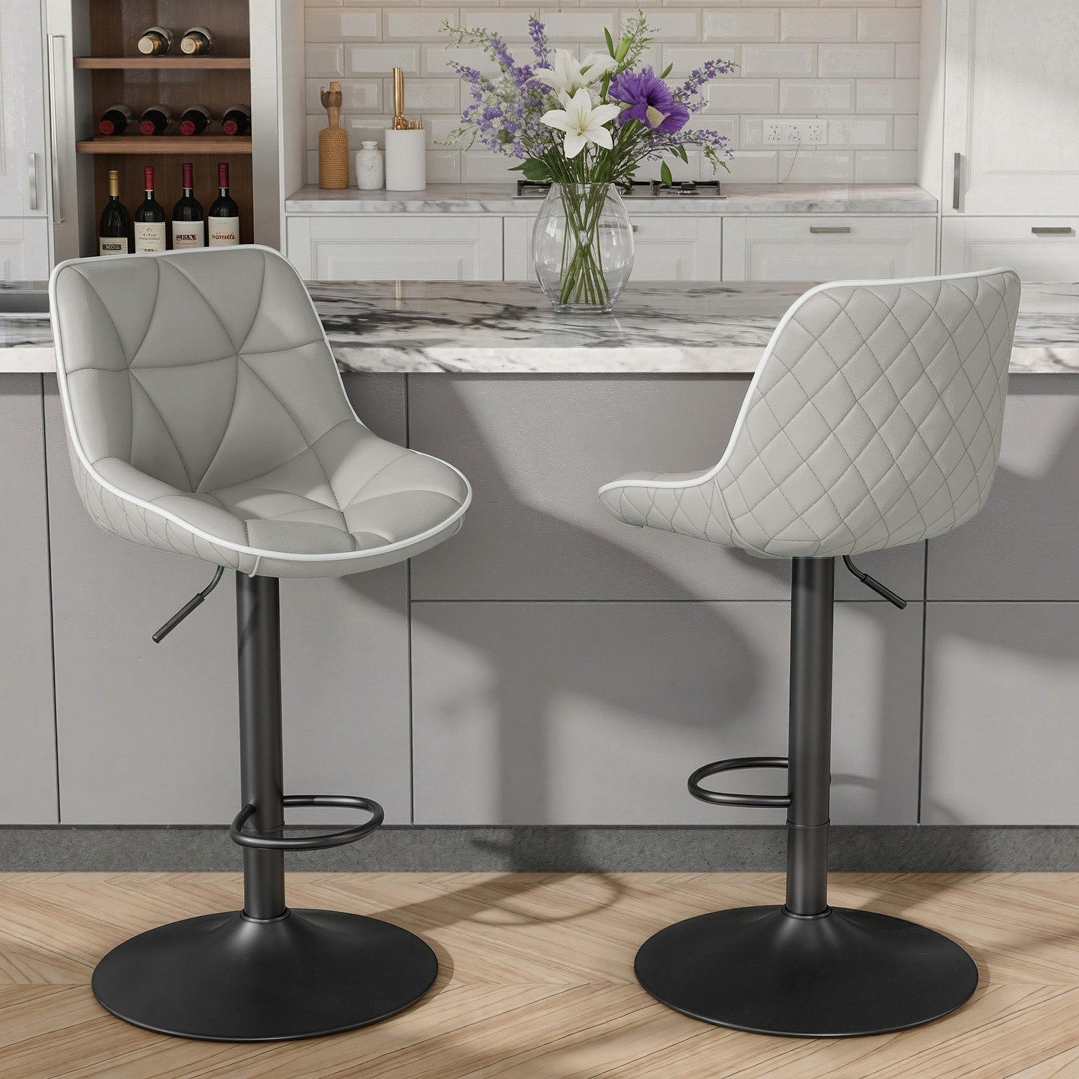 thumbnail video image 2 of Hawsaiy Bar Stools Set of 4, Adjustable Swivel Counter Height Bar Stools with Back, Upholstered Modern Barstools with Diamond Stitching, Brown, 2 of 11