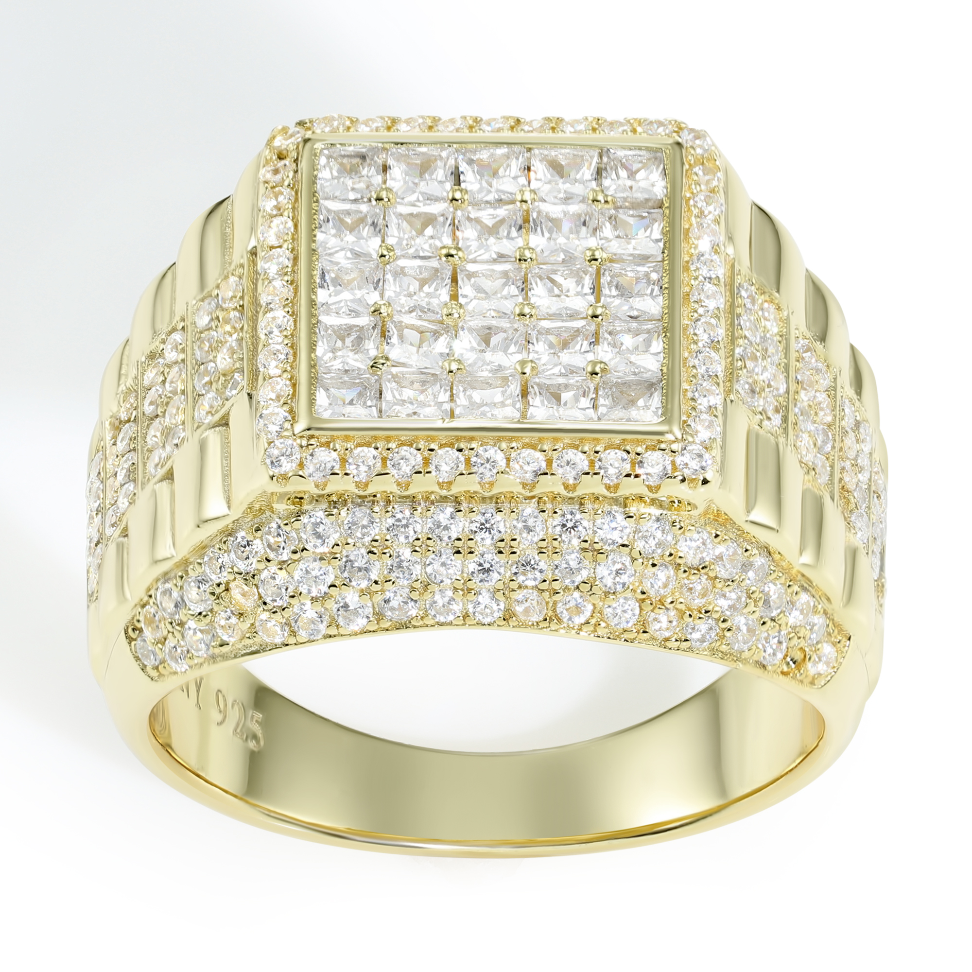 thumbnail video image 2 of Tilo Jewelry Yellow Gold Tone 925 Sterling Silver Pave Square Signet Statement Pinky Ring | Size 7 | Classic Ring for Men, 2 of 6