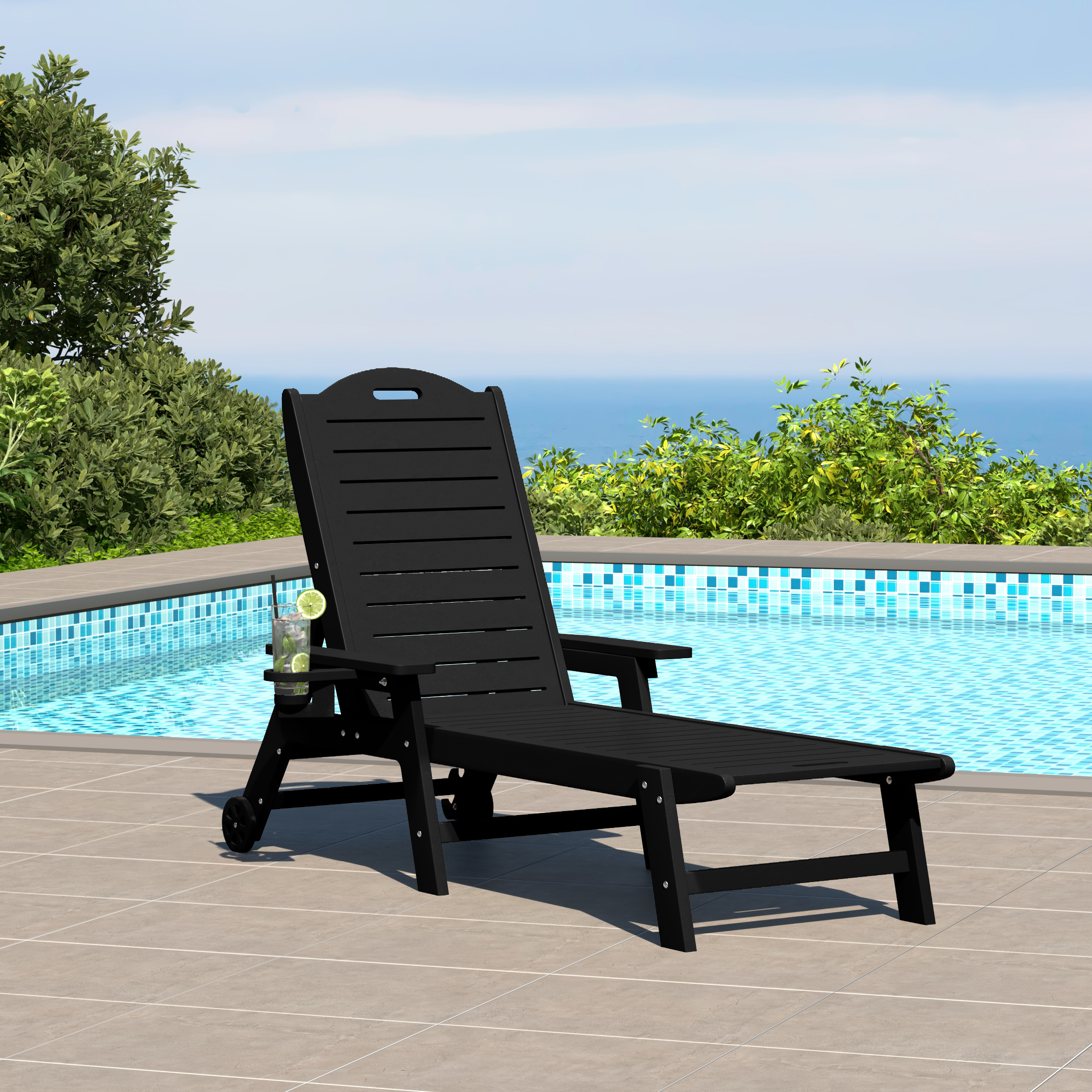 thumbnail video image 2 of WestinTrends Aruba Outdoor HDPE Patio Chaise Lounge With Wheels & Cup Holder, Navy Blue, 2 of 14