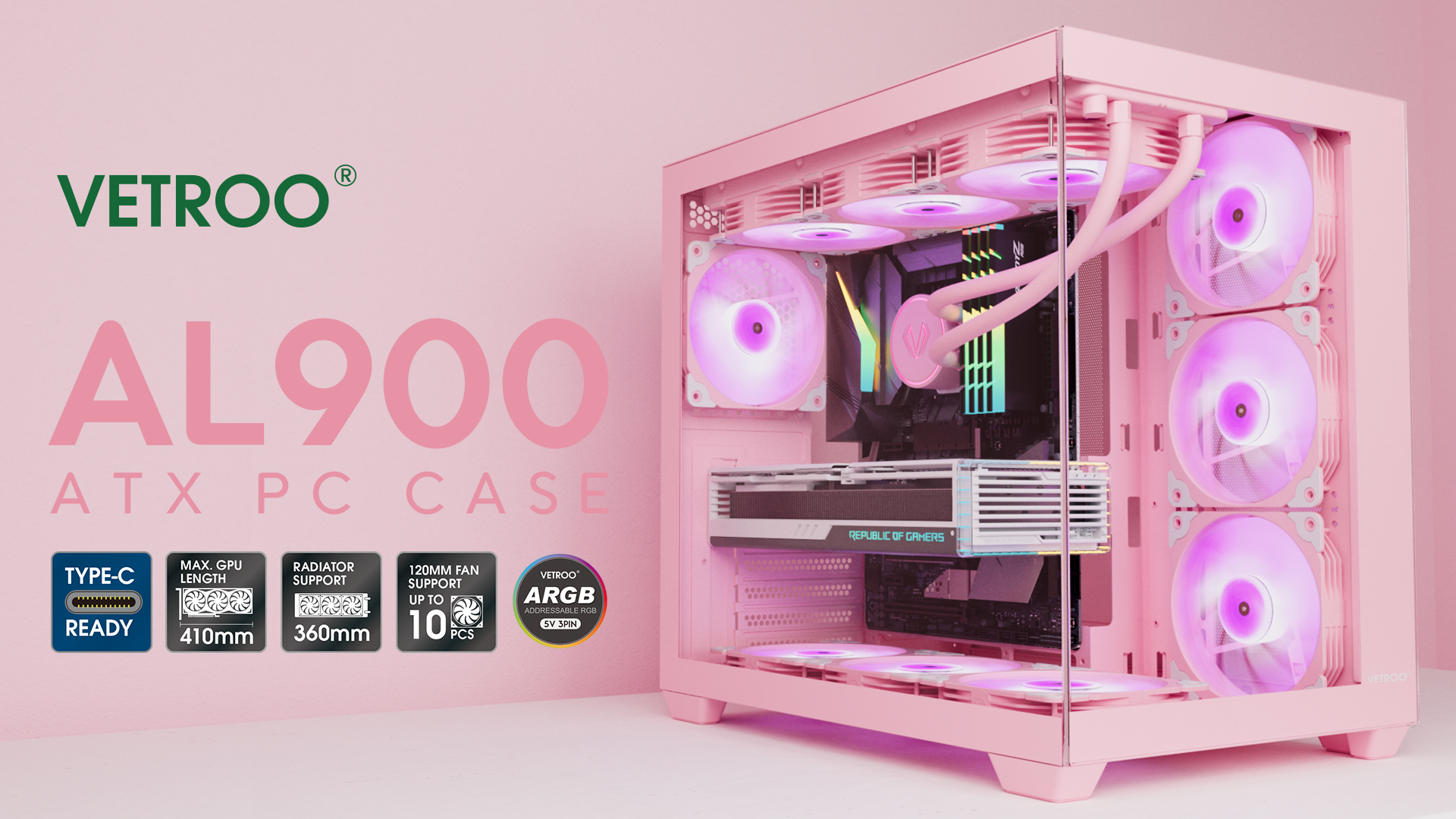 thumbnail video image 2 of Vetroo AL900 ATX PC Case with 270° Full View Tempered Glass, Pre-Installed ARGB & PWM FDB Fan, Supports 360mm Radiator & 10 Fans, Type-C Ready, for 40 Series GPUs - Pink, 2 of 10