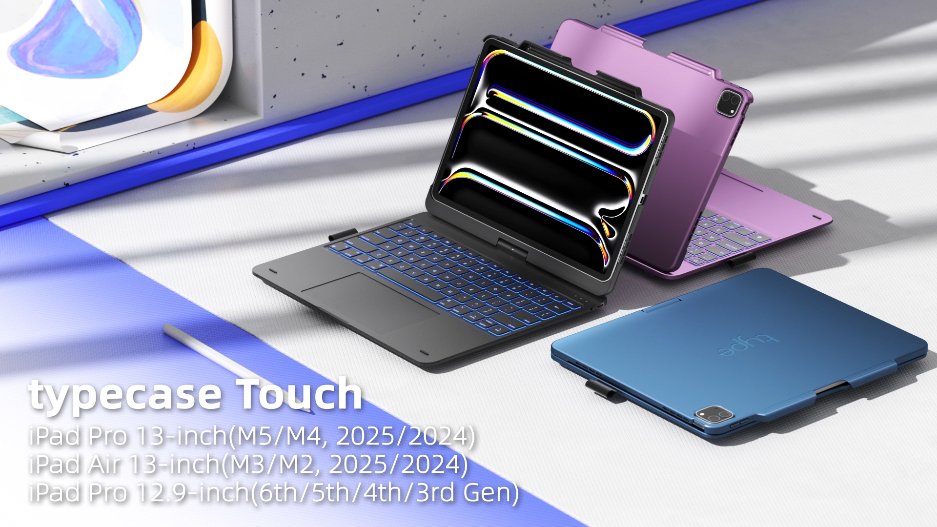 thumbnail video image 2 of typecase Keyboard Case for iPad Pro 12.9 (6th/5th/4th/3rd Gen), Trackpad, 11-Color Backlit, 360 Rotatable with Pencil Holder - Pacific Blue, 2 of 10