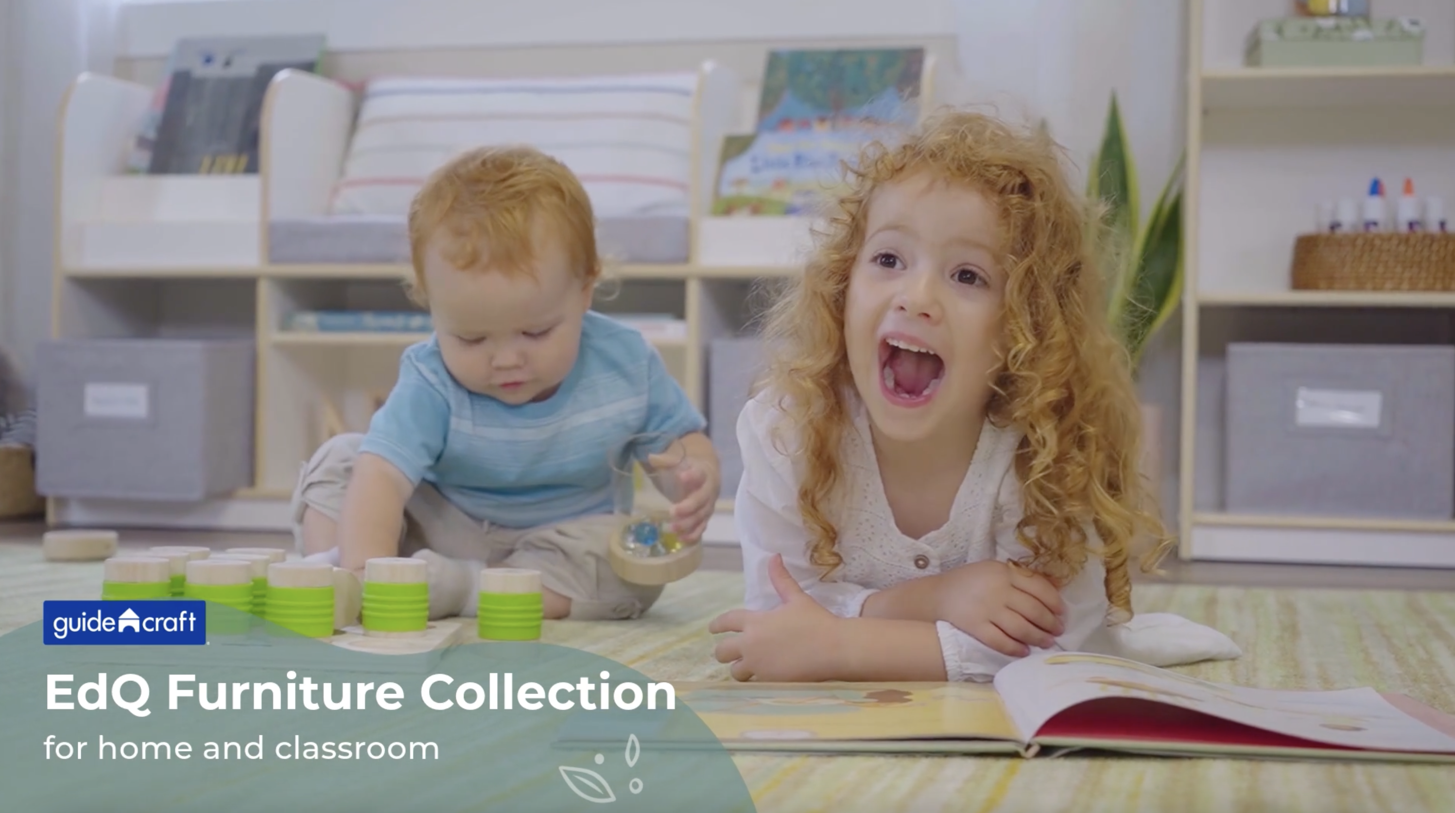 thumbnail video image 2 of Guidecraft EdQ Book and Bin Display - White: Children's Wooden Bookcase with Shelves and Storage Bins for Kids' Books and Toys, 2 of 6