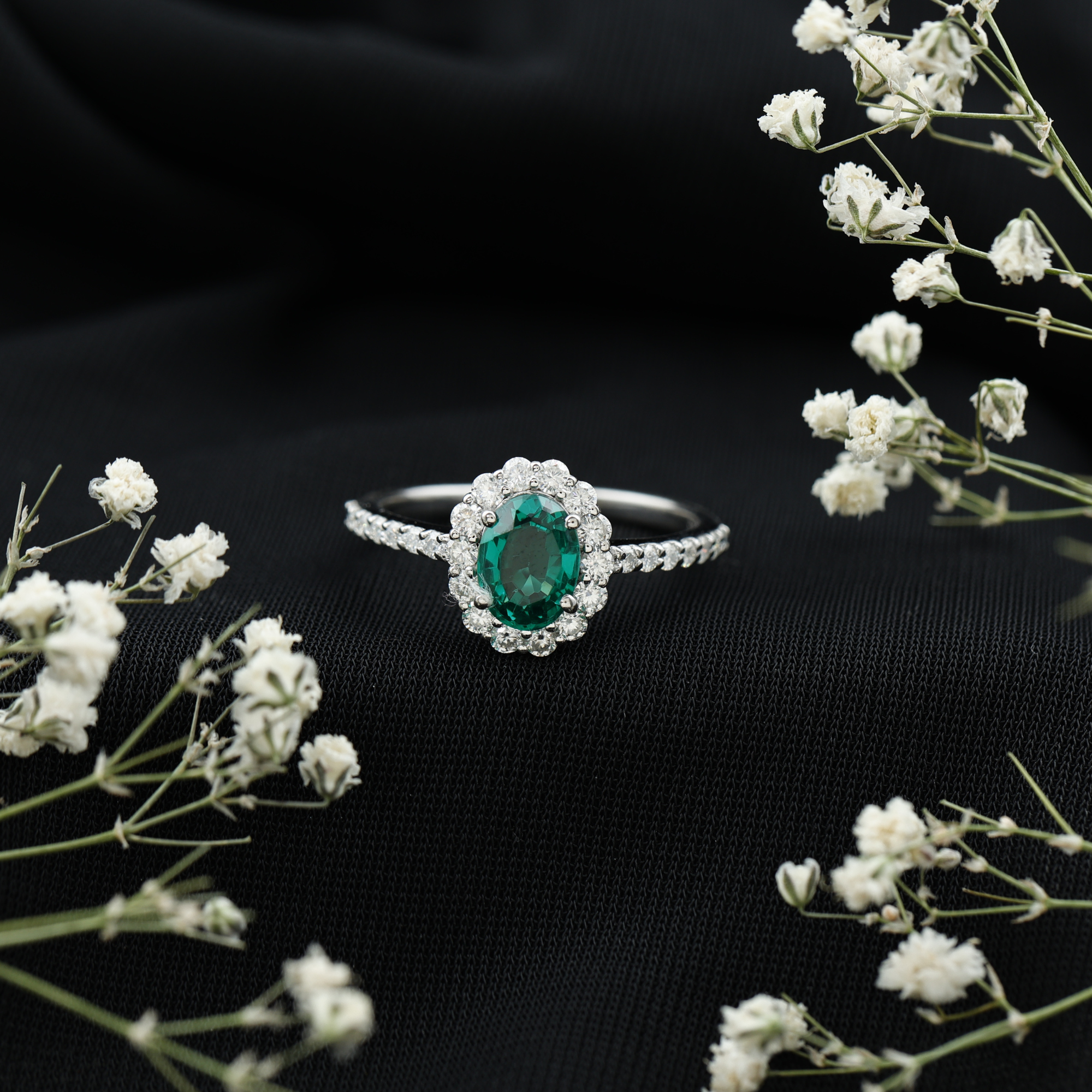thumbnail video image 2 of Rosec Jewels Lab Created Emerald Ring with Moissanite Halo for Women - 6X8 mm - AAAA Quality, 10K Yellow Gold, US 3.50, 2 of 8