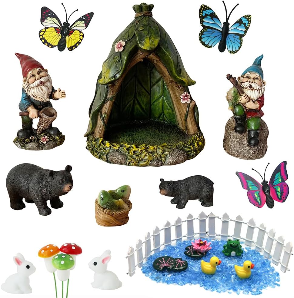 thumbnail video image 2 of Outdoor Miniature Gnome Garden Kit Fairy Village Houses Fairies Accessories Toy Set Decor Fishing Gnome Figurines Statue Patio Cake Topper for Boy Girl Mother Girlfriend Birthday Gifts, 2 of 7