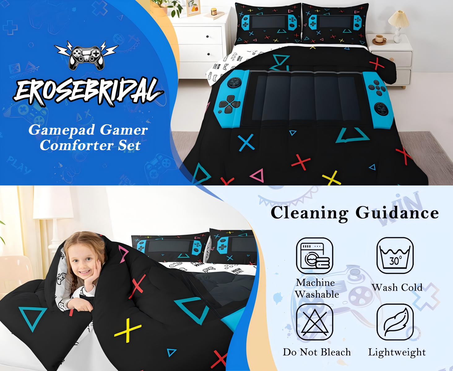 thumbnail video image 2 of Gamer Comforter Set Bedroom Gaming Bedding Set Video Game Comforter Twin Size Home Decor Curtain Geometric Triangle Circle Quilted Duvet Set with 1 Pillow Sham Colorful, 2 of 7