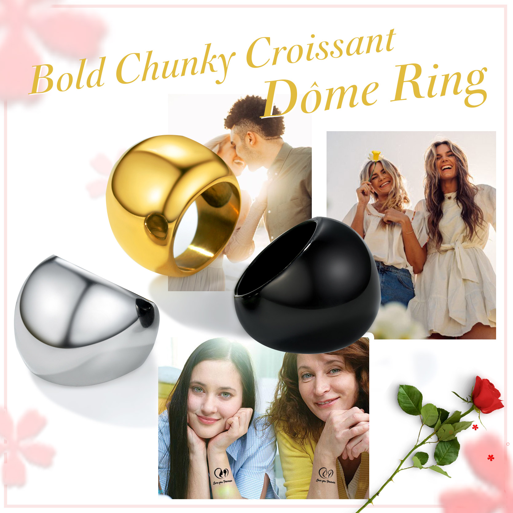 thumbnail video image 2 of KeyStyle Dome Ring for Women Chunky Band Rings with Cubic Zirconia Stainless Steel Stacking Croissant Statement Ring Birthday Jewelry Gift for Her, Size 7-12, 2 of 10