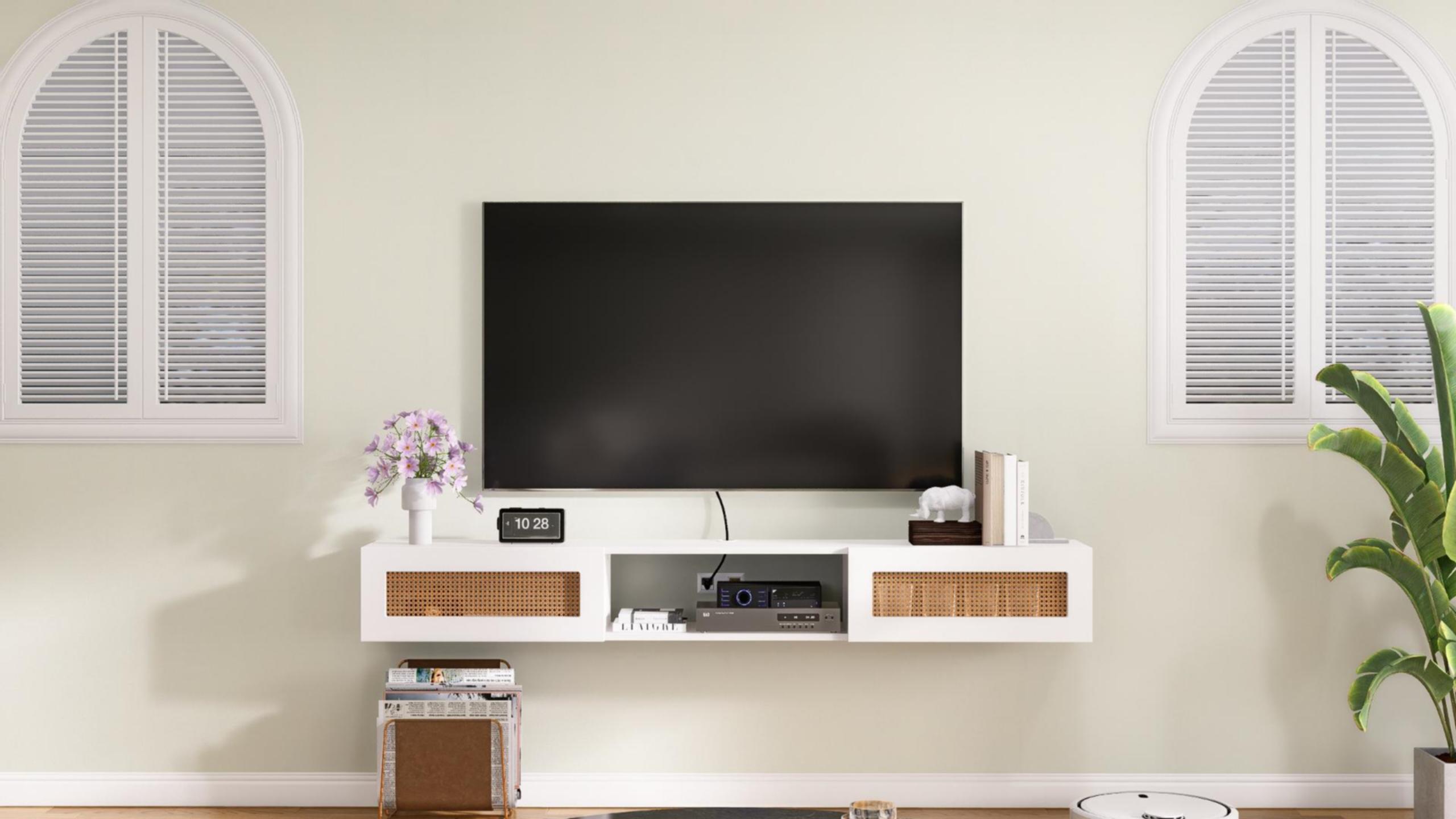 thumbnail video image 2 of FloatiCasa 47" Floating TV Stand with Rattan Doors Wall Mounted Floating TV Shelf Floating Media Console for TVs up to 50" Under TV Shelf for Living Room, Bedroom, 2 of 14