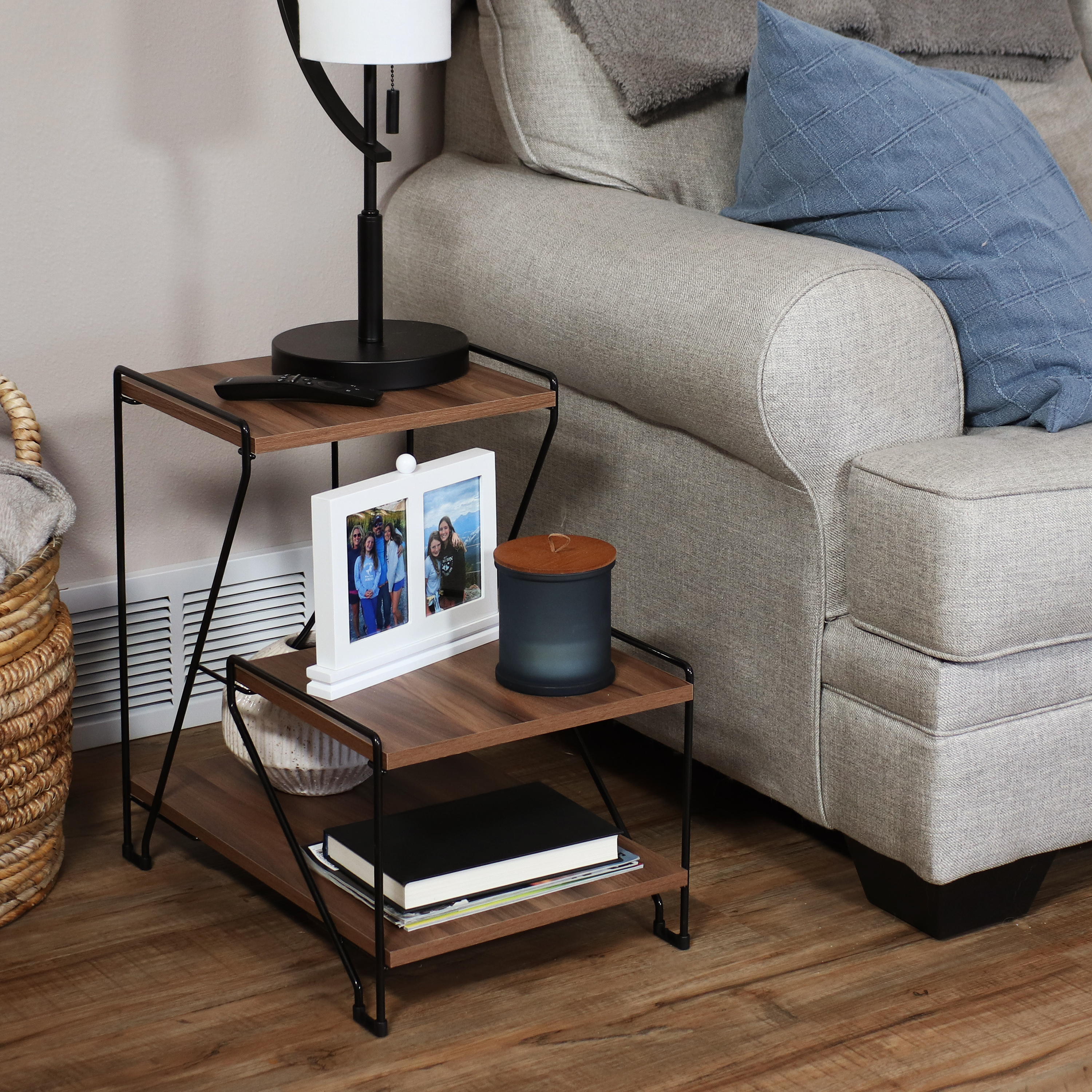 thumbnail video image 2 of Sunnydaze Indoor Modern Metal Wire End Table with Shelves and Faux Woodgrain Top, Brown, 2 of 11