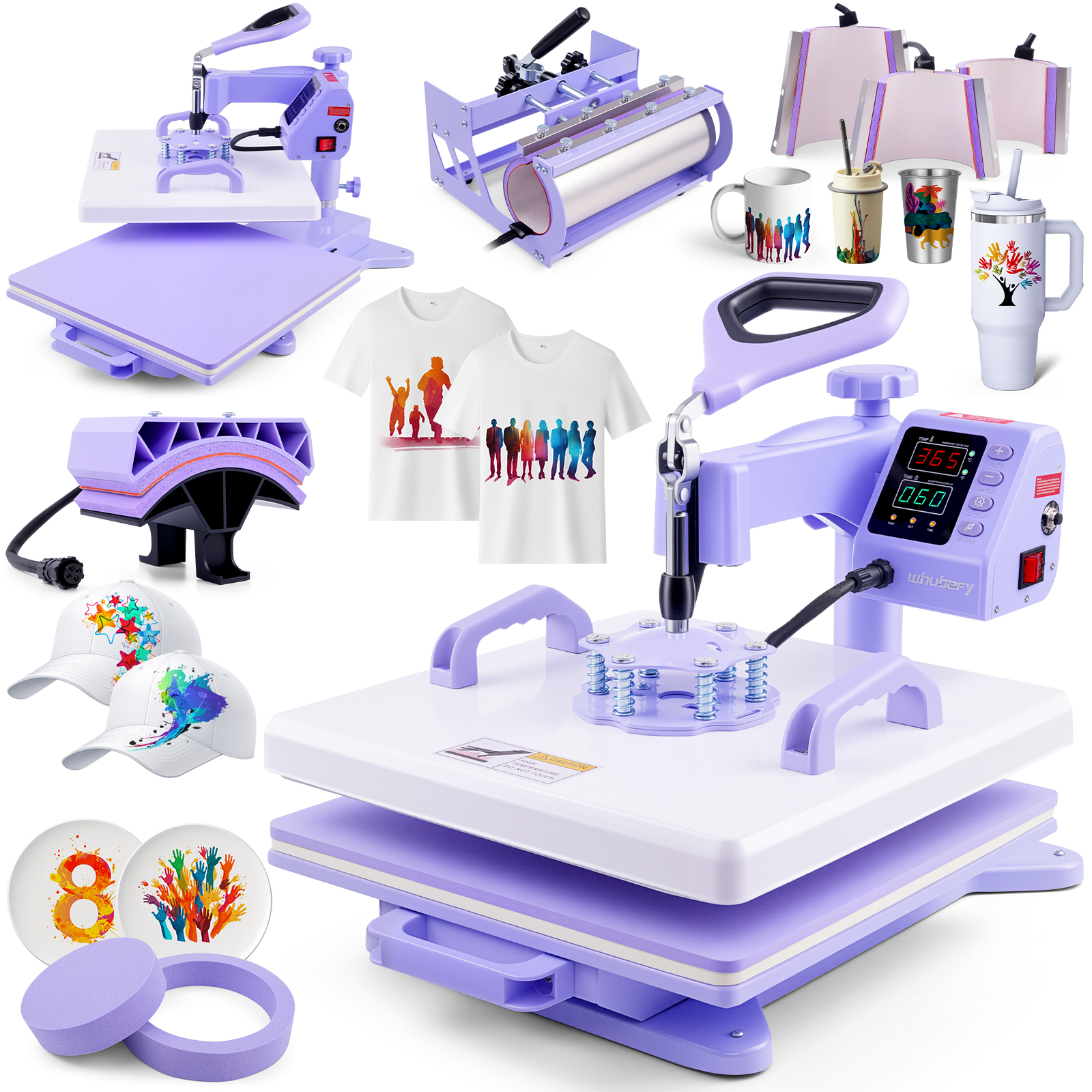 thumbnail video image 2 of Adnoom Heat Press 15x15, 8 in 1 Multifunctional Shirt Press Machine Combo, 360° Swing Away Sublimation Heat Transfer with LED Display for T-shirts Mugs Hat Plate Cap, Purple, 2 of 10
