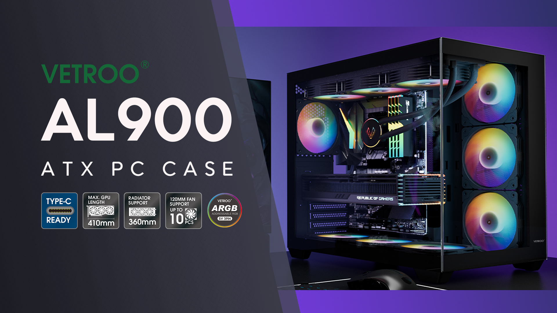 thumbnail video image 2 of Vetroo AL900 ATX Computer PC Case 270° Full View Tempered Glass Pre-Installed ARGB & PWM FDB Fan in Rear 360mm Radiator Support High-Air flow Perforated Up to 10 fans Support for 40 Series GPUs -Black, 2 of 10