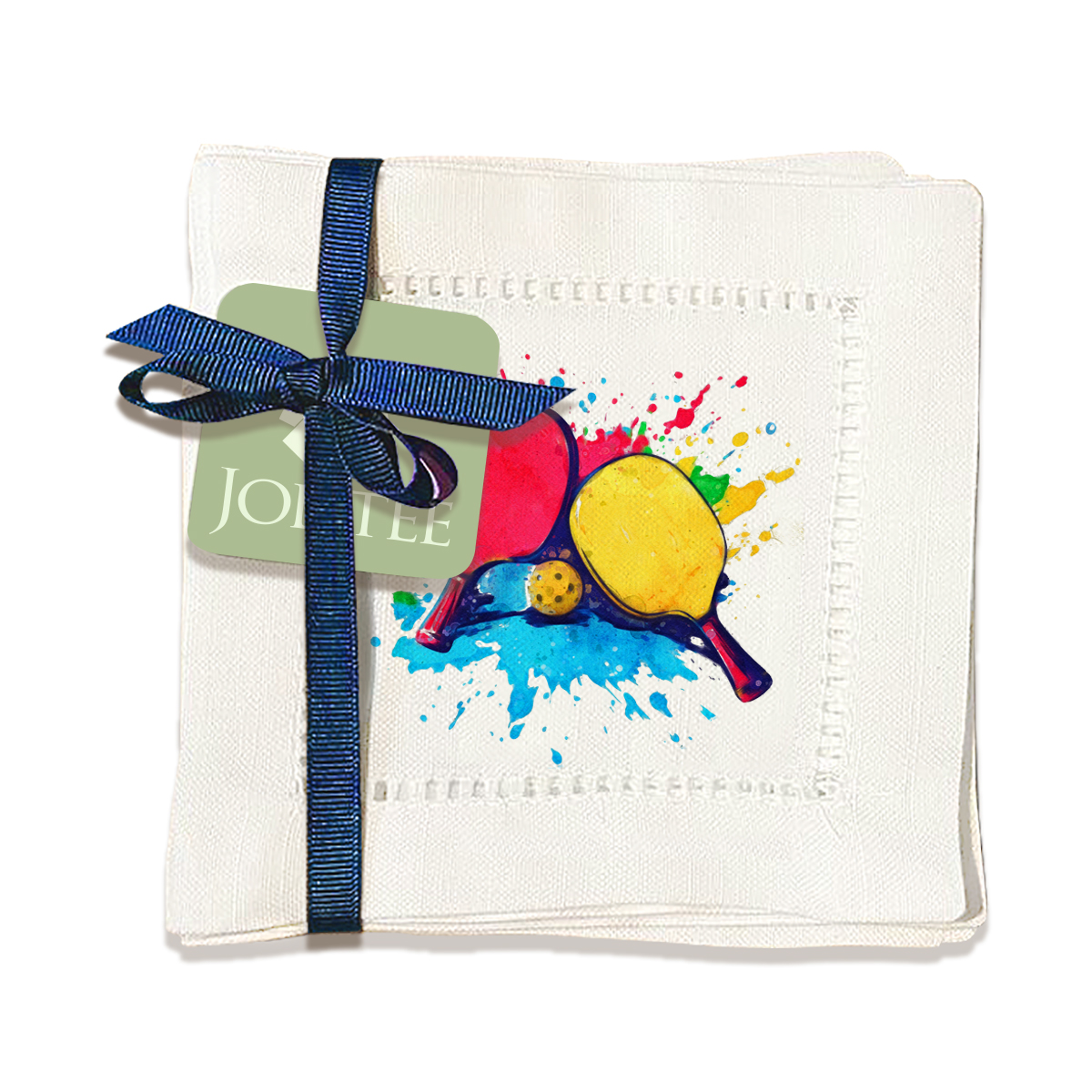 thumbnail video image 2 of Jolitee Decorative Hemstitch Cocktail Napkins, 6"x6" Washable Linen-Like Cloth Napkins, Handmade for Entertaining and Everyday Use (Pickleball Splash), 2 of 8