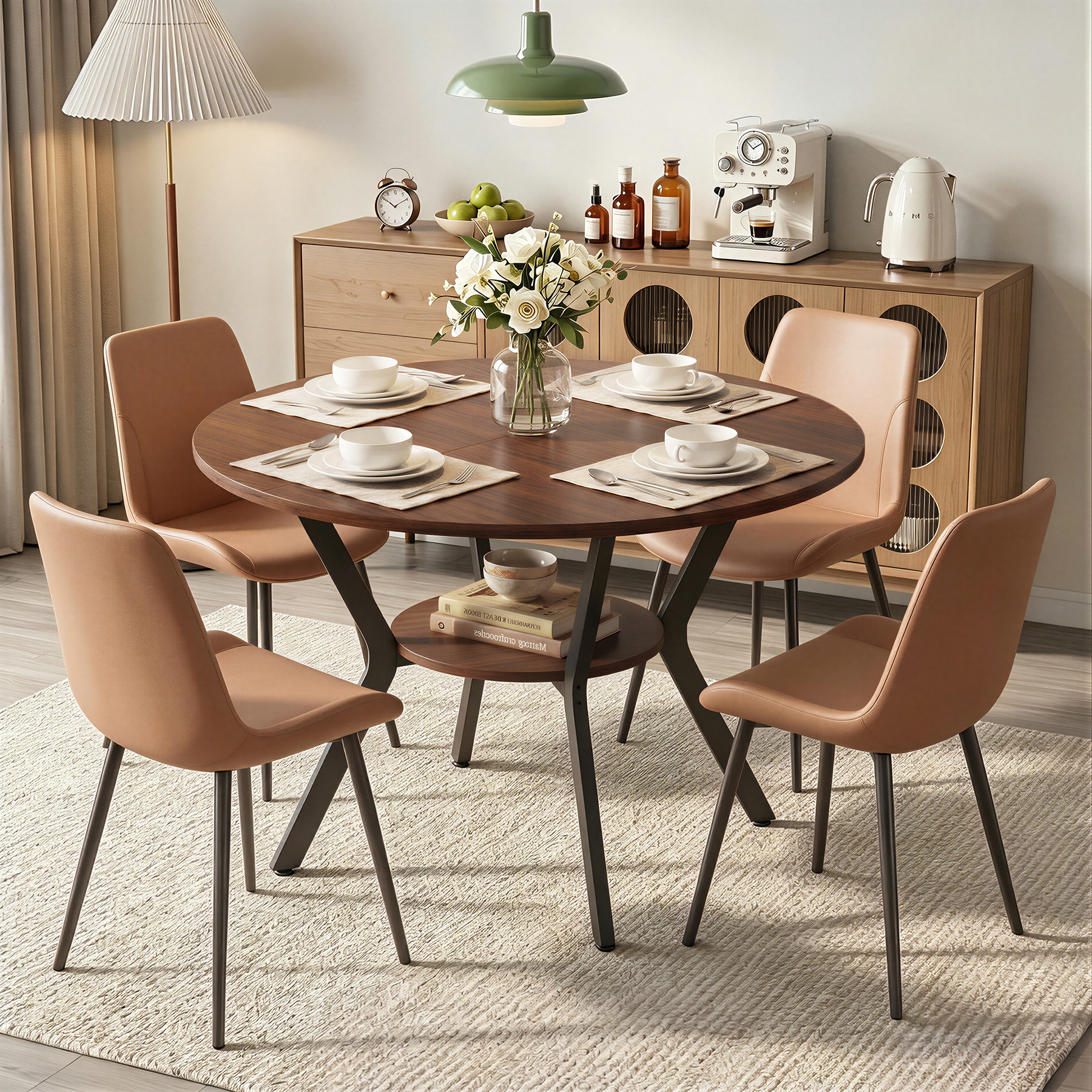 thumbnail video image 2 of Hawsaiy Dining Table Set for 4, 42.1" Round Kitchen Table with Storage Shelf and 4 PU Leather Dining Chairs, Modern Dining Room Furniture Set with Metal Base for Apartment, 2 of 11