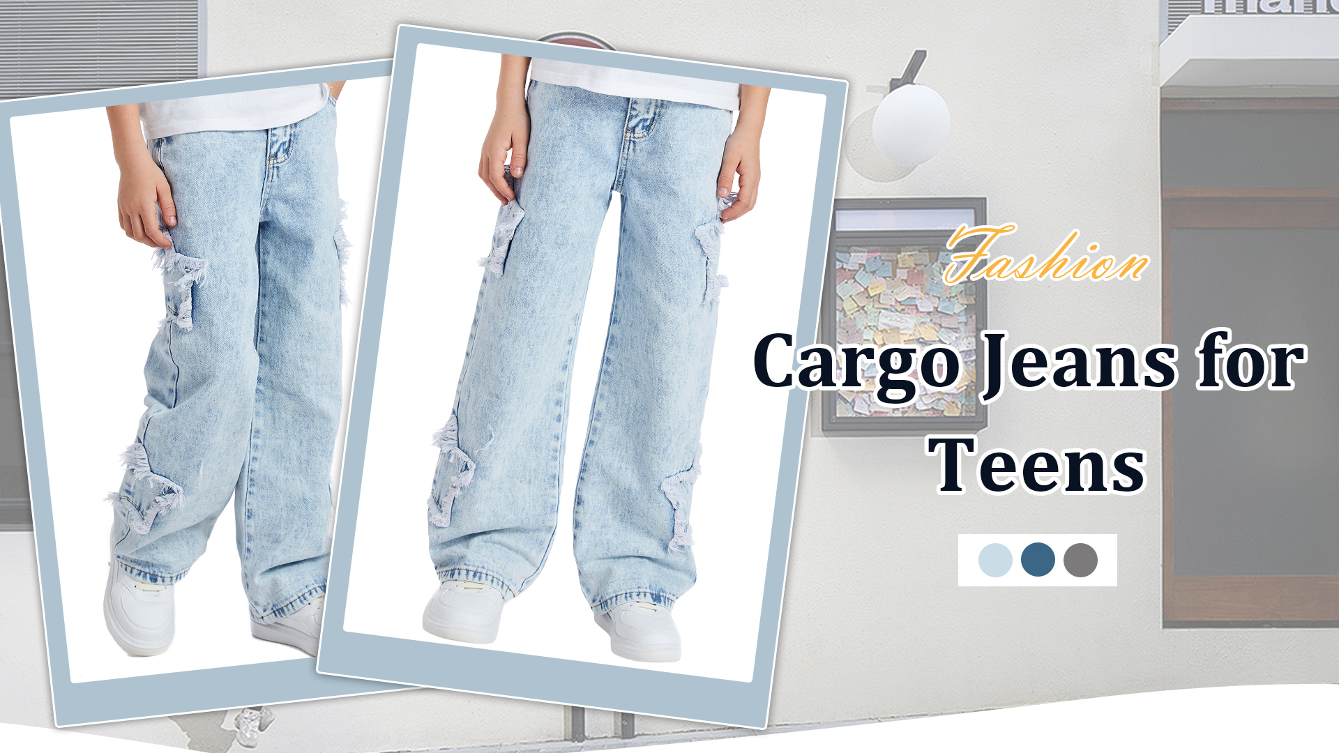 thumbnail video image 2 of Happy Cherry Kid Denim Pants Elastic Waist Boy Baggy Jeans Trousers Wide Leg Teen Cargo Pants Loose Streetwear with Pocket 10 Years, 2 of 7