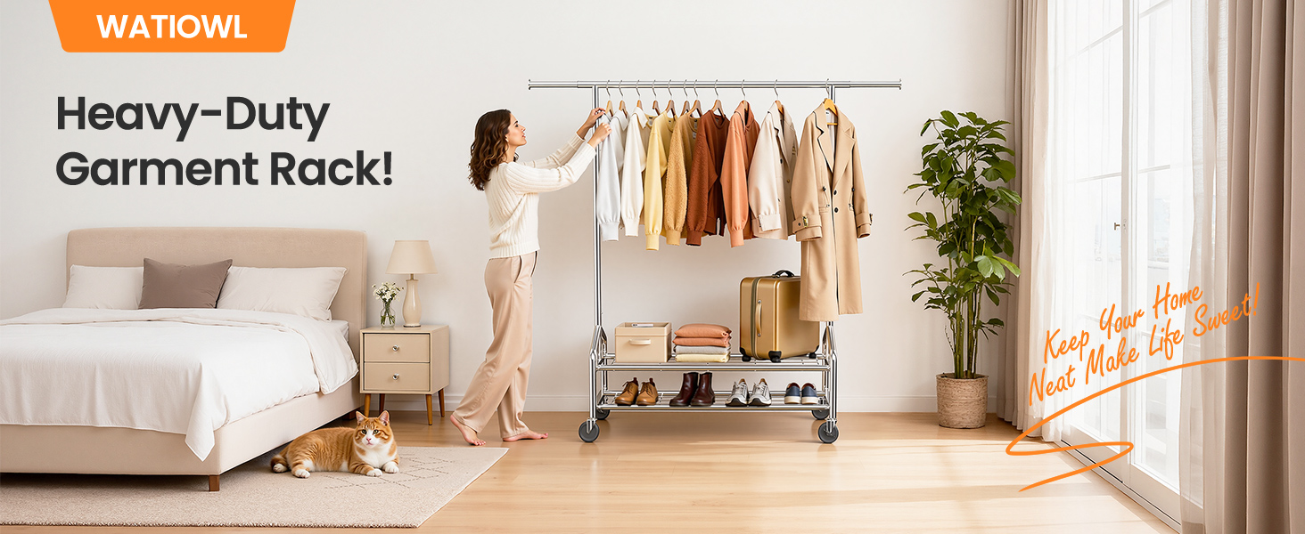 thumbnail video image 2 of WATIOWL 650 lbs Heavy Duty Rolling Clothes Rack for Hanging Clothes, Adjustable Metal Garment Rack with 2 Shelves, Black (Percheros para Ropa), 2 of 11