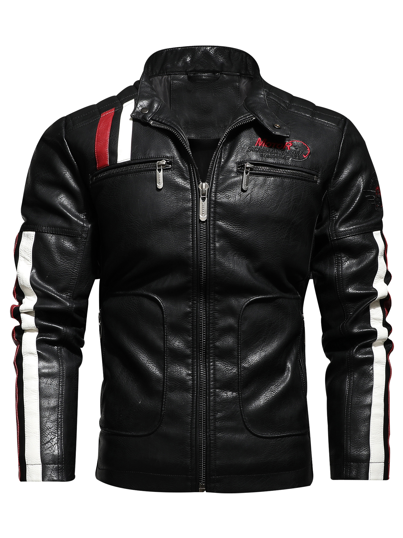thumbnail video image 2 of Men's Racing Apparel Contrast Color Coat Stand Collar PU Leather Jacket, 2 of 8