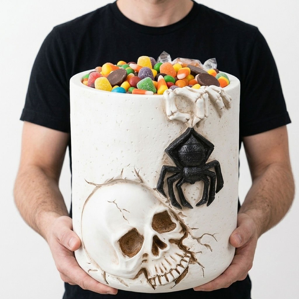 thumbnail video image 2 of Large Skull Decor Halloween Candy Bucket Holder Bowl, Halloween Candy Bucket, Halloween Party Candy Bowl, Black Plastic Cauldron With Skeletons For Indoor/Outdoor Home/Kitchen Decoration, 2 of 7