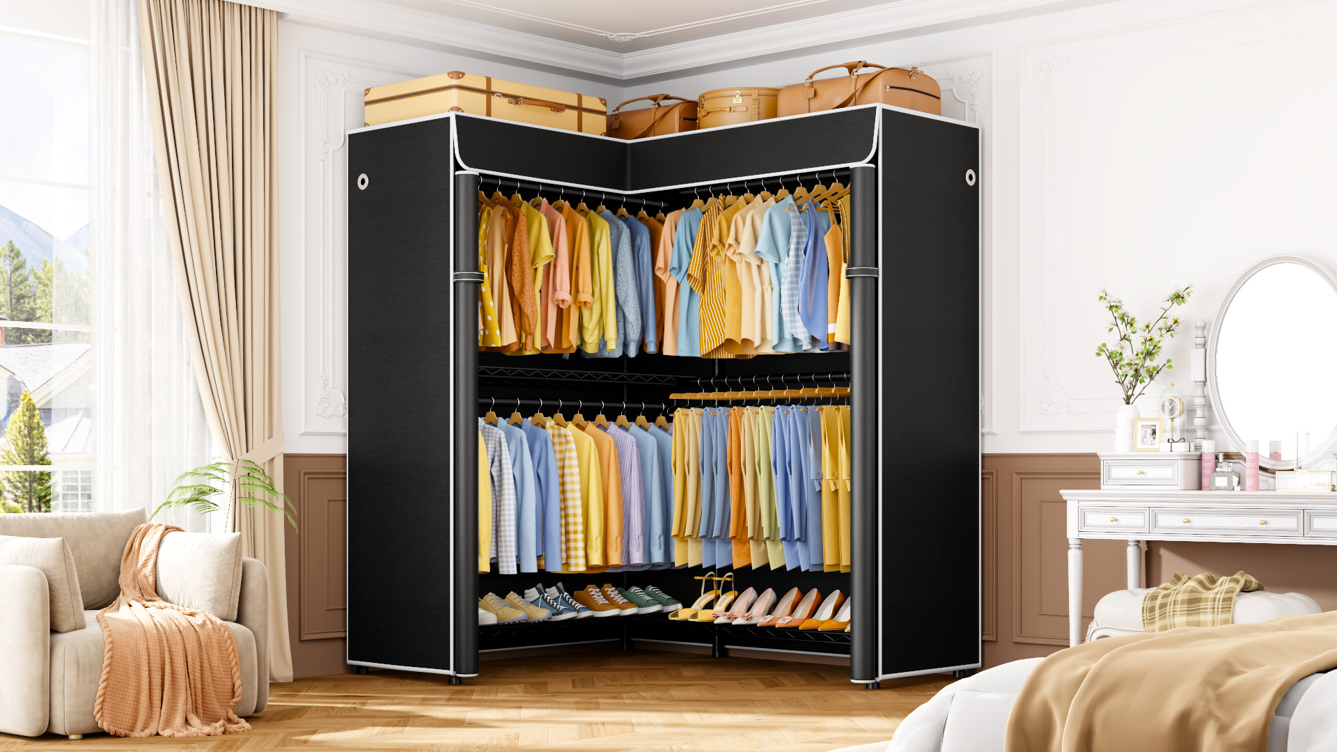 thumbnail video image 2 of Ulif E15C Heavy Duty Freestanding L-Shaped Clothes Rack and Garment Organizer with Black Dustproof Cover, 43.4"W x 15.8"D x 78.4"H, Black, 2 of 7