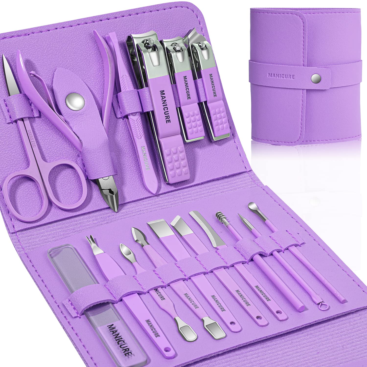 thumbnail video image 2 of Manicure Set Professional Nail Clippers Pedicure Kit, 16 pcs Stainless Steel Nail Care Tools Grooming Kit with Luxurious Travel Leather Case for Thick Nails Men Women Gift - Purple, 2 of 6
