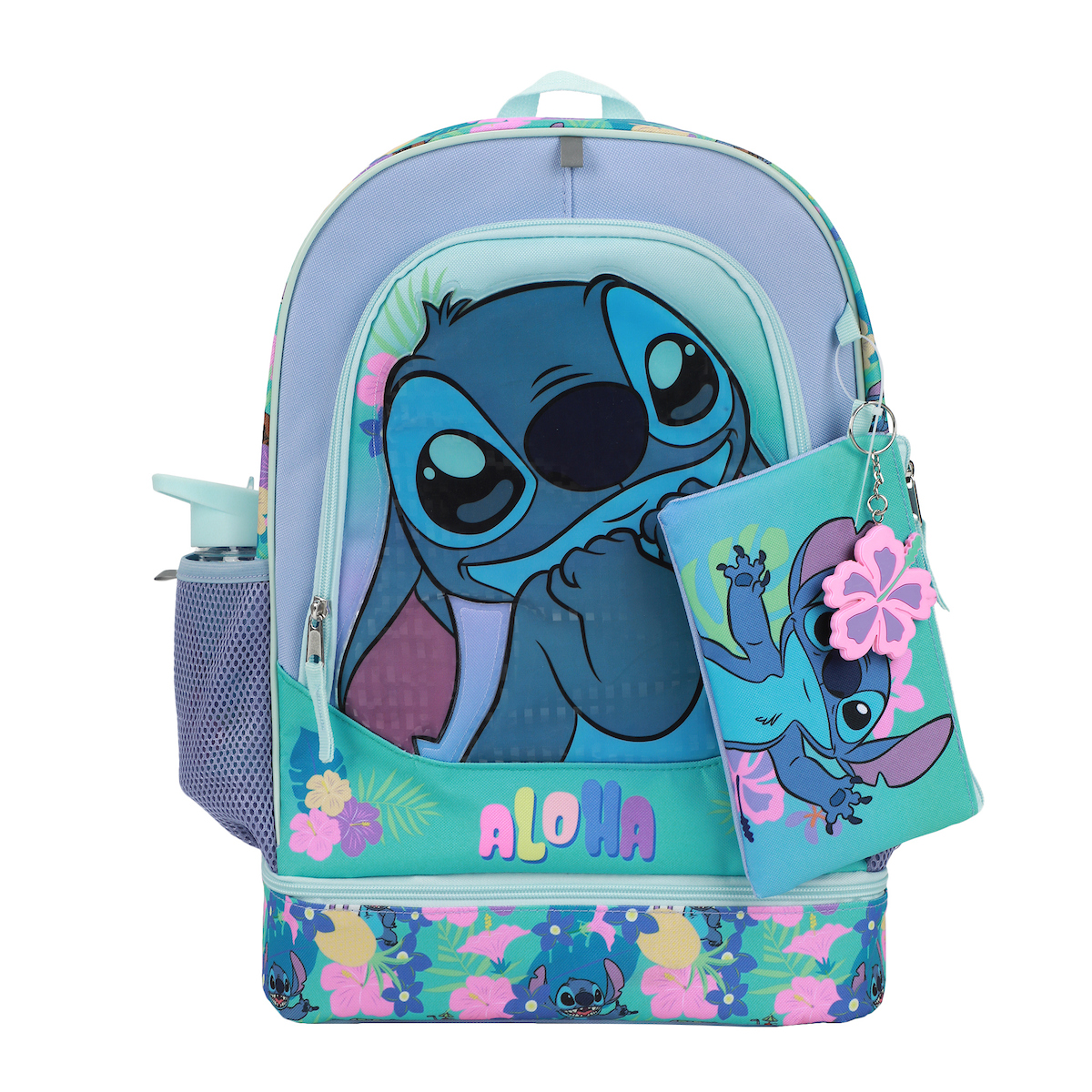 thumbnail video image 2 of Disney Stitch Colorful Flower Print 5-Piece Backpack Set, 2 of 8