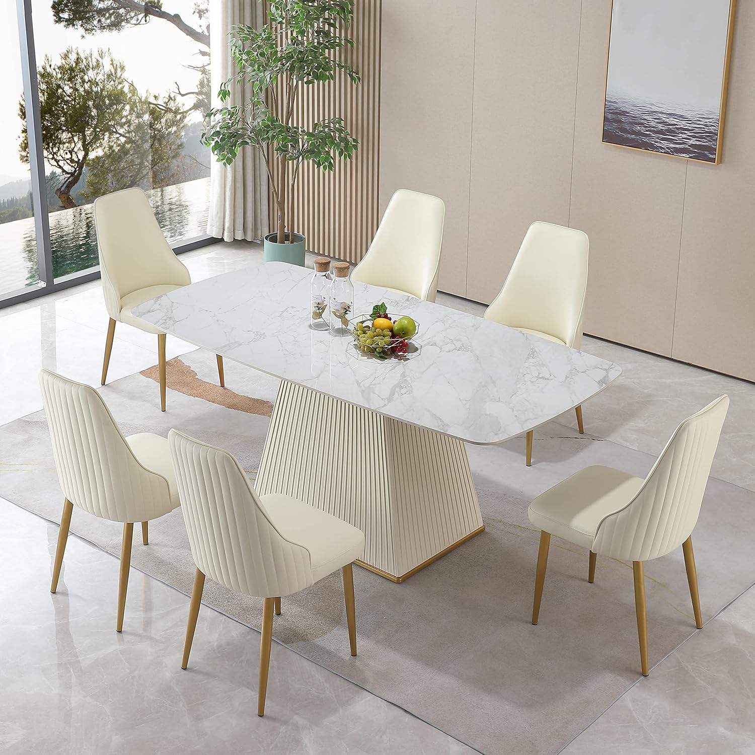 thumbnail video image 2 of Montary 7-PC Sintered Stone Dining Set w/ 6 Chairs | Marble-Design & Modern Style | White for Kitchen/Dining Room, 2 of 8