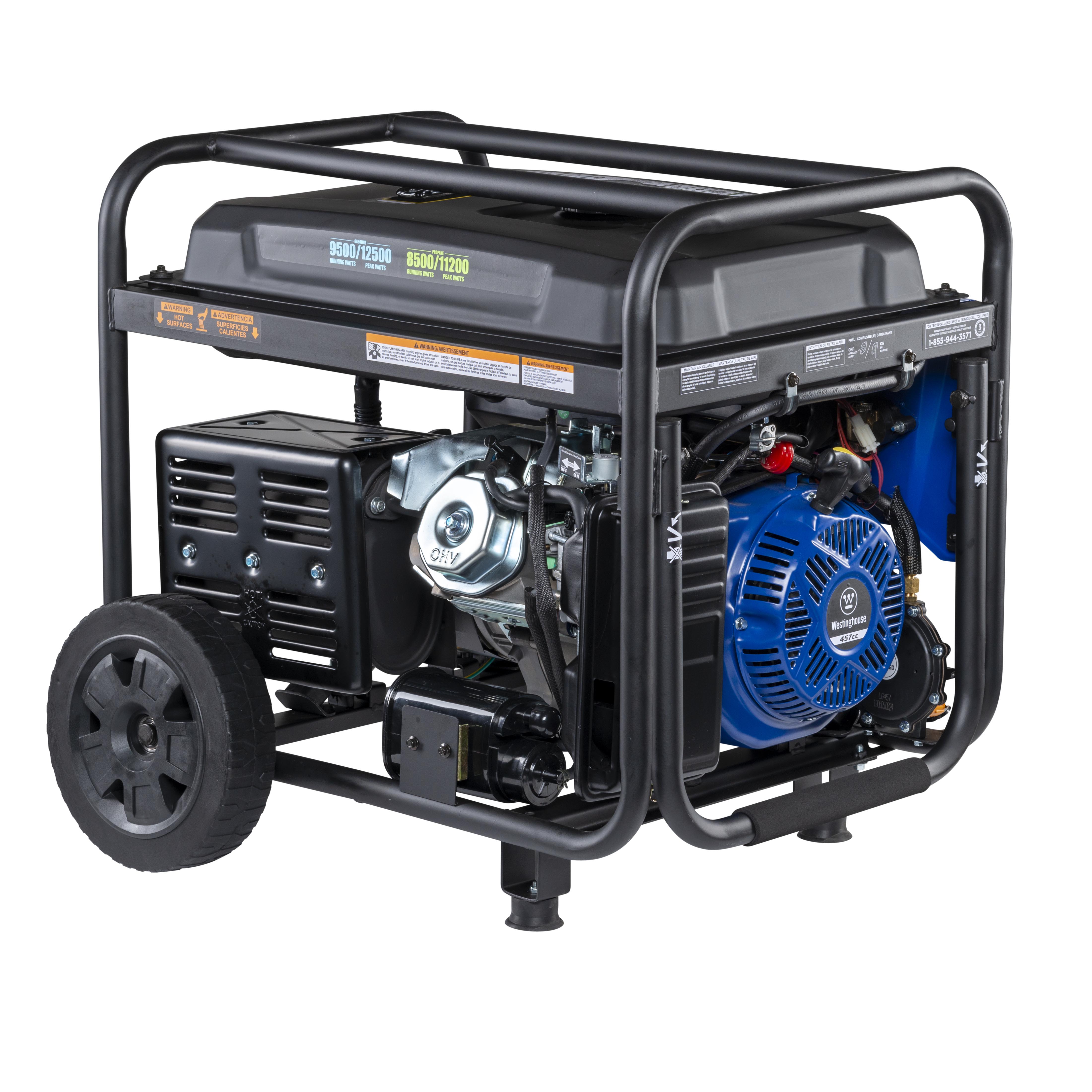 Westinghouse 12,500-Watt Dual Fuel Gas and Propane Powered Portable  Generator with Remote Start, Transfer Switch Outlet and CO Sensor  WGen9500DFc - The Home Depot