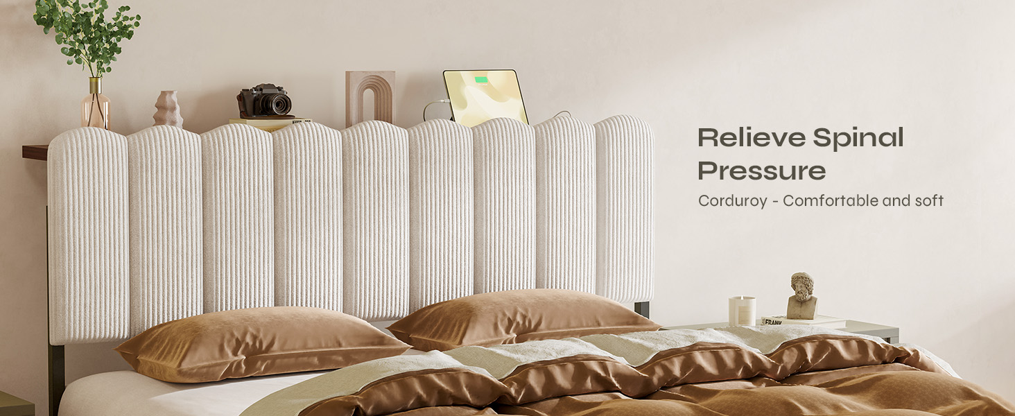 thumbnail video image 2 of Pinmoco Upholstered Headboard with Storage, Charging Station and Aurora LED Lights, Full Size Headboard for Beige Striped Corduroy, 2 of 12