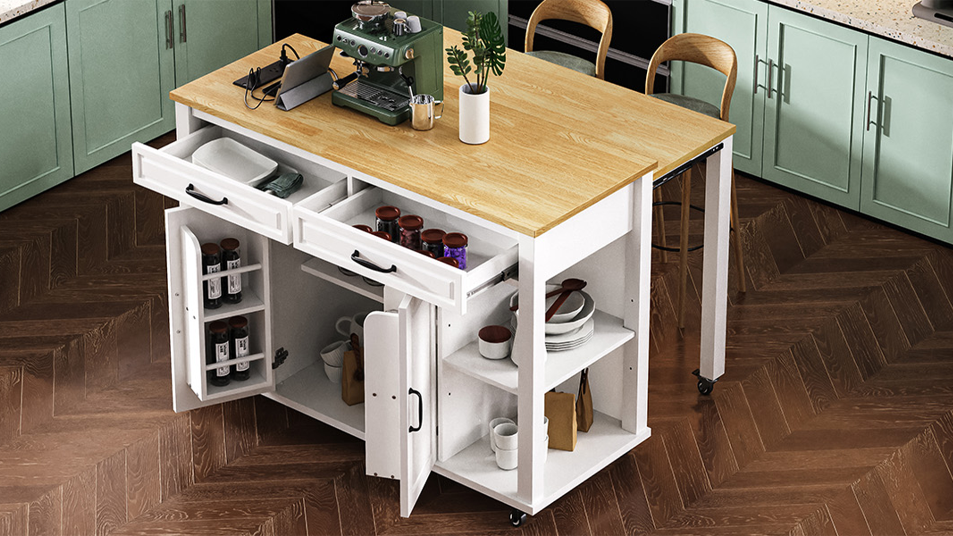 thumbnail video image 2 of 47" Kitchen Island with Extendable Table, Rubber Wood Veneer Kitchen Cart Table with Storage, Power Outlet, Rolling Island Cart For Kitchen, White, 2 of 11