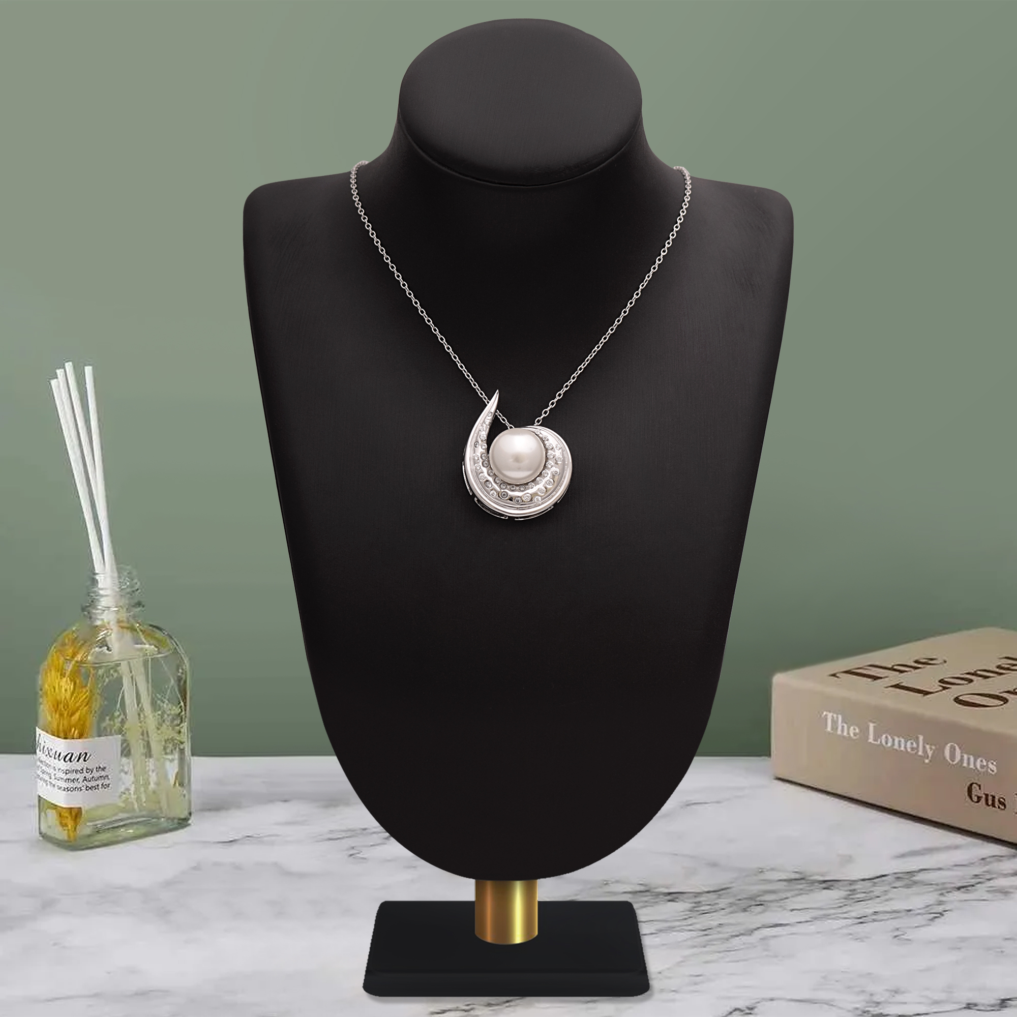 thumbnail video image 2 of 925 Sterling Silver Round Shape Pearl Pendant Necklace with Cubic Zirconia Accents – Elegant Swirl Design Jewelry for Women, 2 of 6