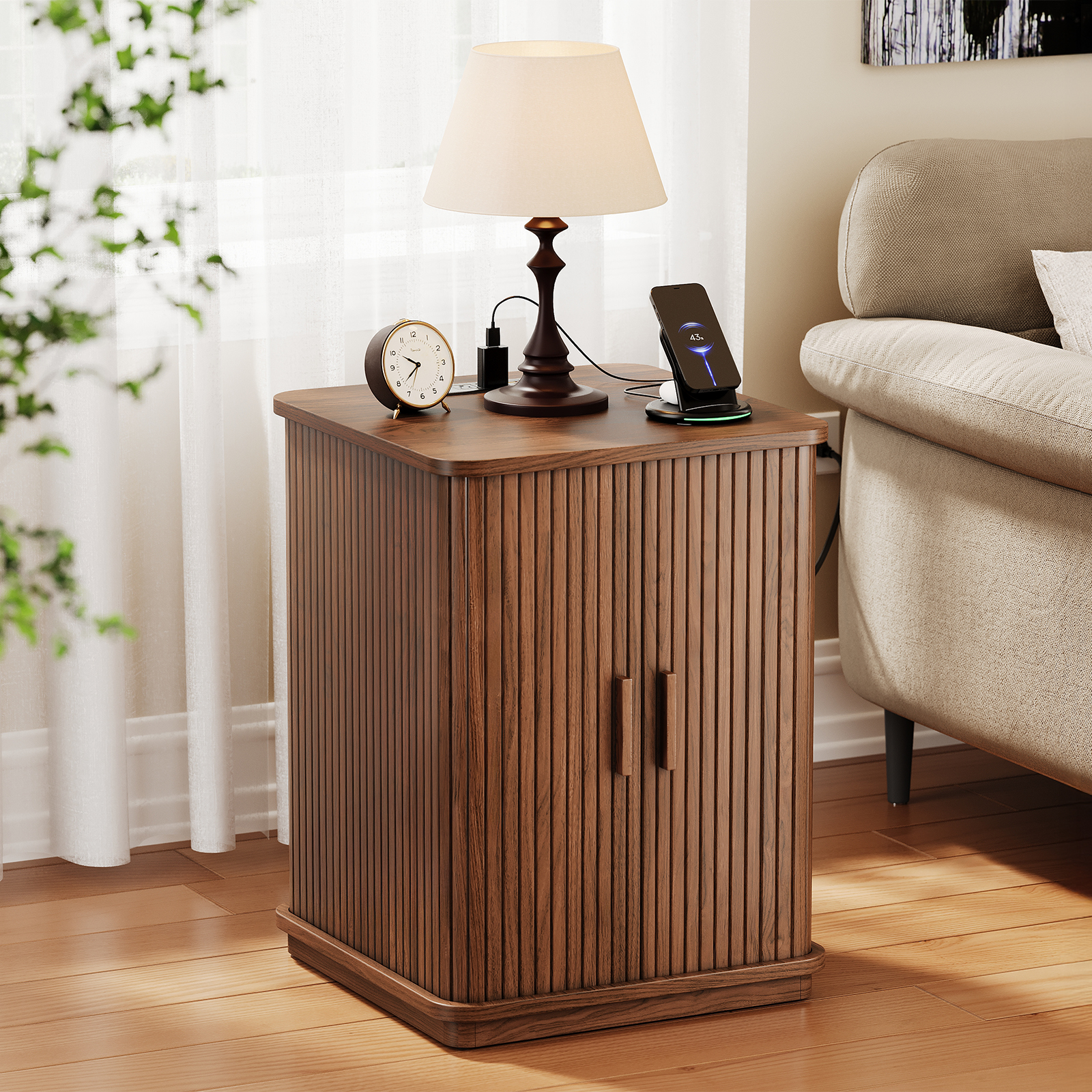 thumbnail video image 2 of ONBRILL End Table with Charging Station, Square Side Table with Sliding Door & Storage, Mid-Century Modern Nightstand for Living Room, Bedroom, Walnut(1 Pc), 2 of 9