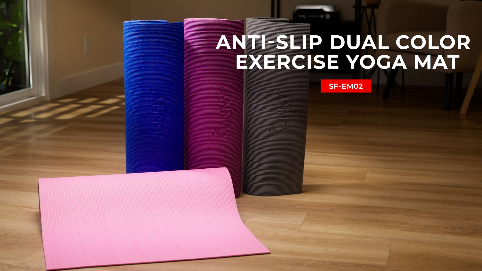 thumbnail video image 2 of Sunny Health & Fitness Anti-Slip Dual Color Exercise Yoga Mat (Pink) - SF-EM02-PK, 2 of 7
