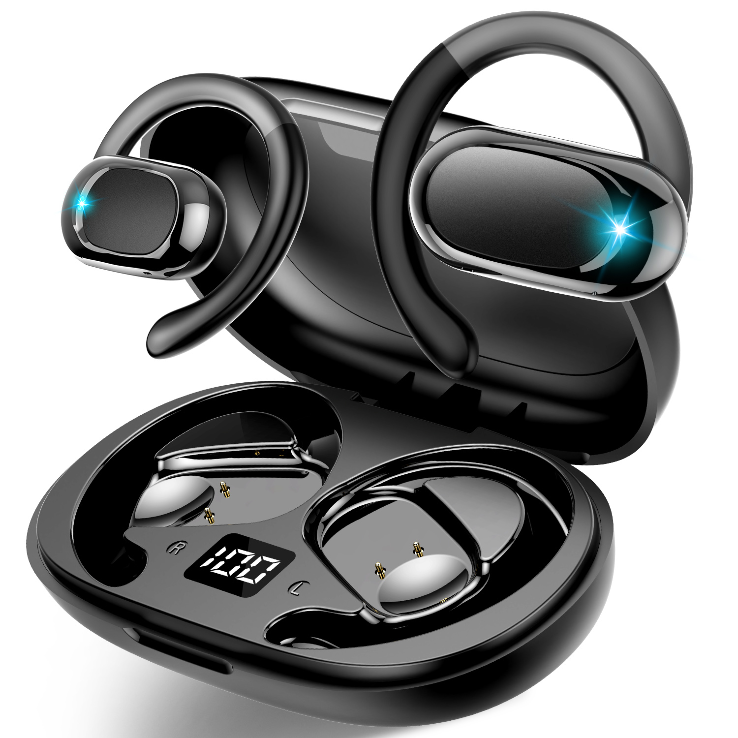 thumbnail video image 3 of Open Ear Earbuds, Bluetooth 5.4 Headphones, HD Stereo Bass Wireless Earphones with Earhooks, 58Hrs Playtime, IP7 Waterproof for Fitness, Cycling, Sports, 3 of 9