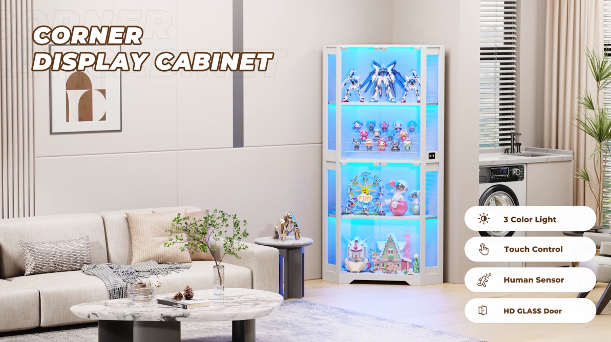 thumbnail video image 2 of BROTTAR 65" Lighted Corner Display Cabinet with Glass Doors, 4-Tier Hexagon Curio Cabinet for Living room, Entryway, White, 2 of 9