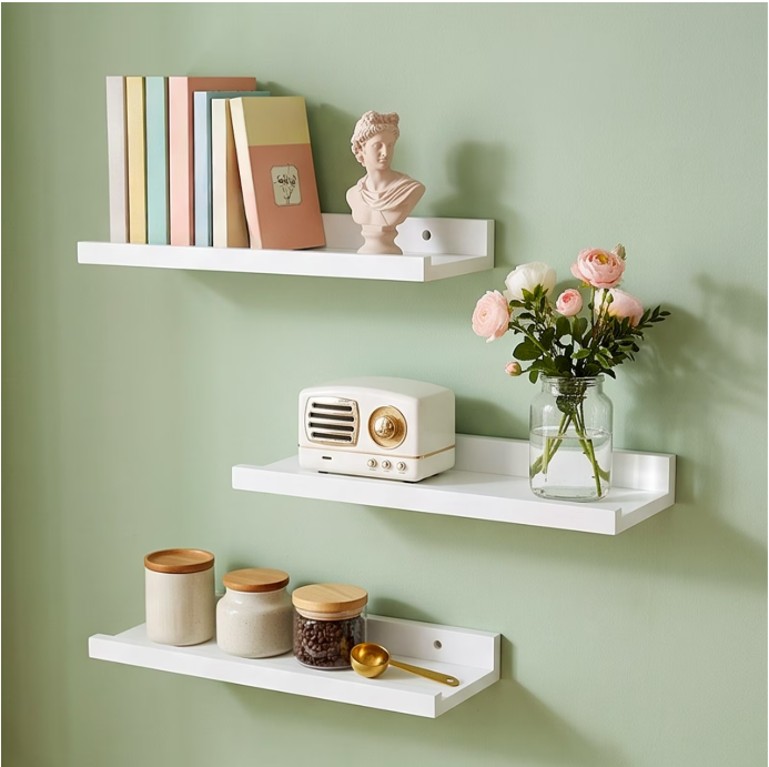 thumbnail video image 2 of Solid Wood Floating Wall Shelf, Anti‑Fall Baffle Design Wall Mounted Storage Rack, 2‑Way Install No Drill Display Shelf for Living Room Bedroom Decor, 2 of 7