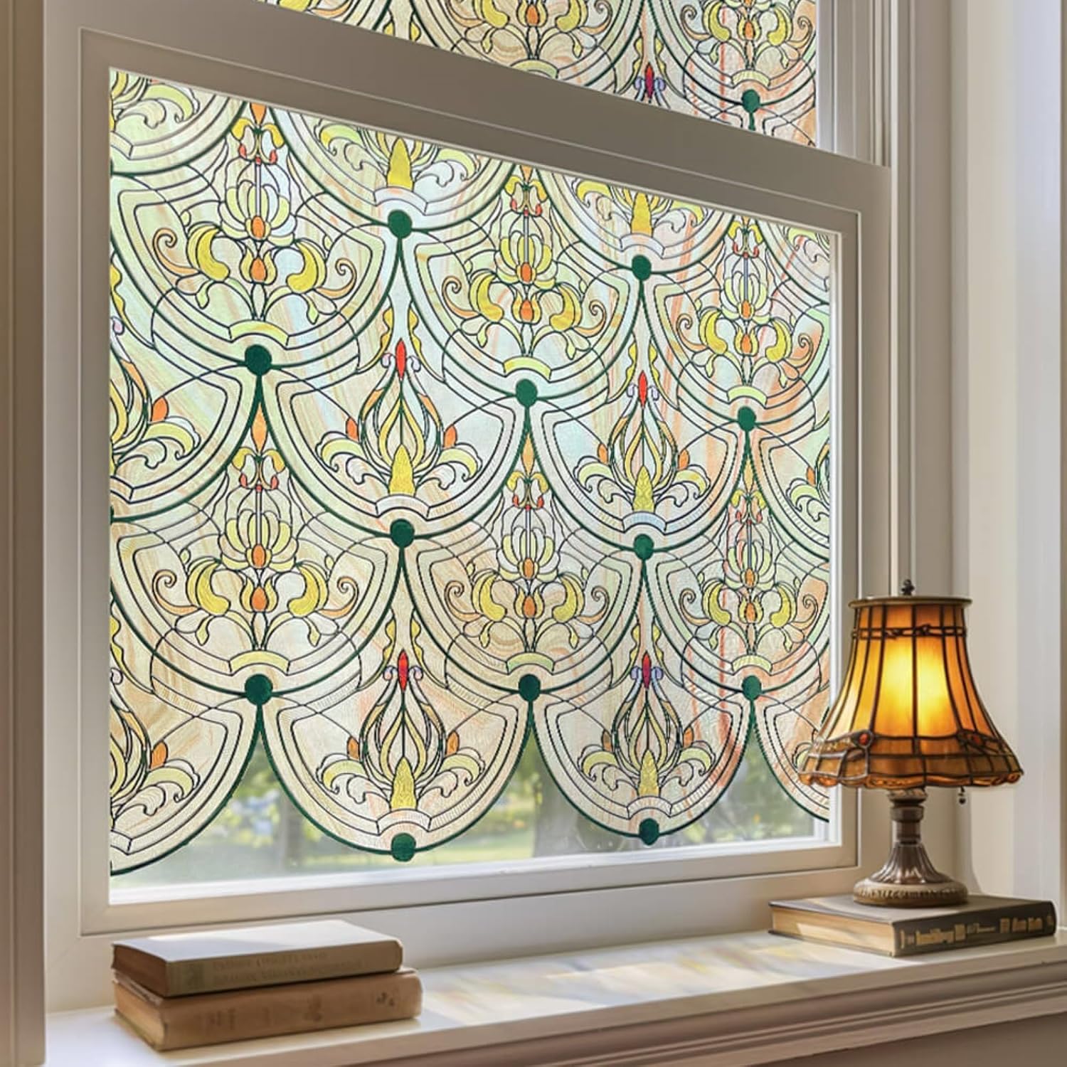 thumbnail video image 2 of 3D Stained Glass Window Film, Decorative Window Privacy Film for Bathroom,Front Door,Home, Sun Blocking Heat Control,Static Cling, Golden Ironwork 23.6inch x 70.8inch, 2 of 7